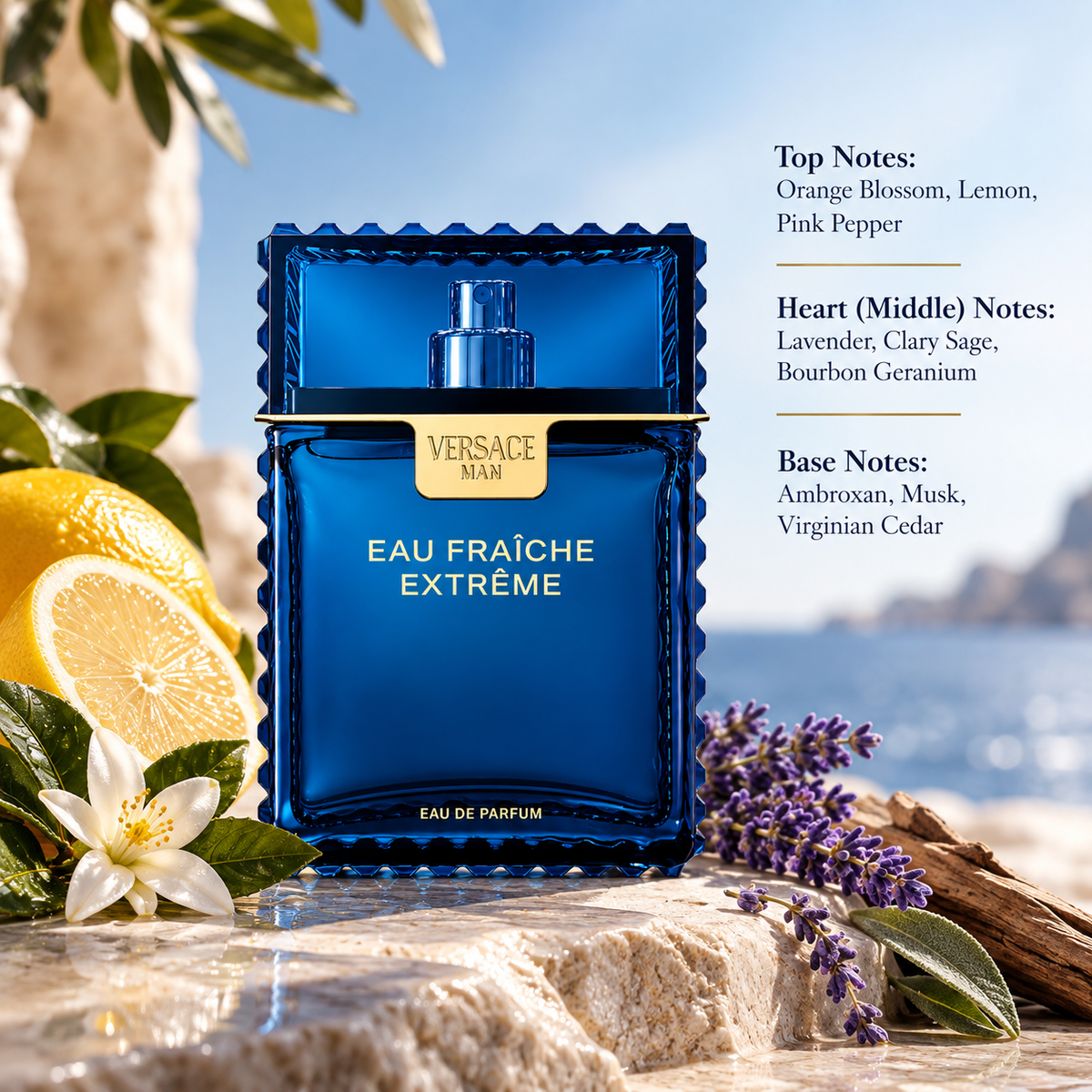 Versace Man Eau Fraîche Extrême Eau de Parfum for Men presented in a fresh Mediterranean-inspired composition reflecting its aromatic citrus and woody character, featuring orange blossom, lemon and pink pepper, a heart of lavender, clary sage and bourbon geranium, and a refined base of ambroxan, musk and Virginian cedar.