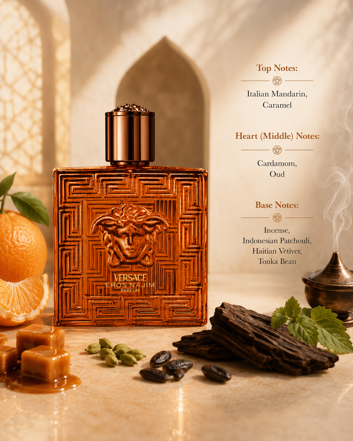 Versace Eros Najim Parfum displayed with fragrance notes, surrounded by Italian mandarin, caramel, cardamom, oud, incense, Indonesian patchouli, Haitian vetiver, tonka bean, and smoky woody accents, highlighting its sweet citrus opening, spicy oud heart, and deep oriental woody base.