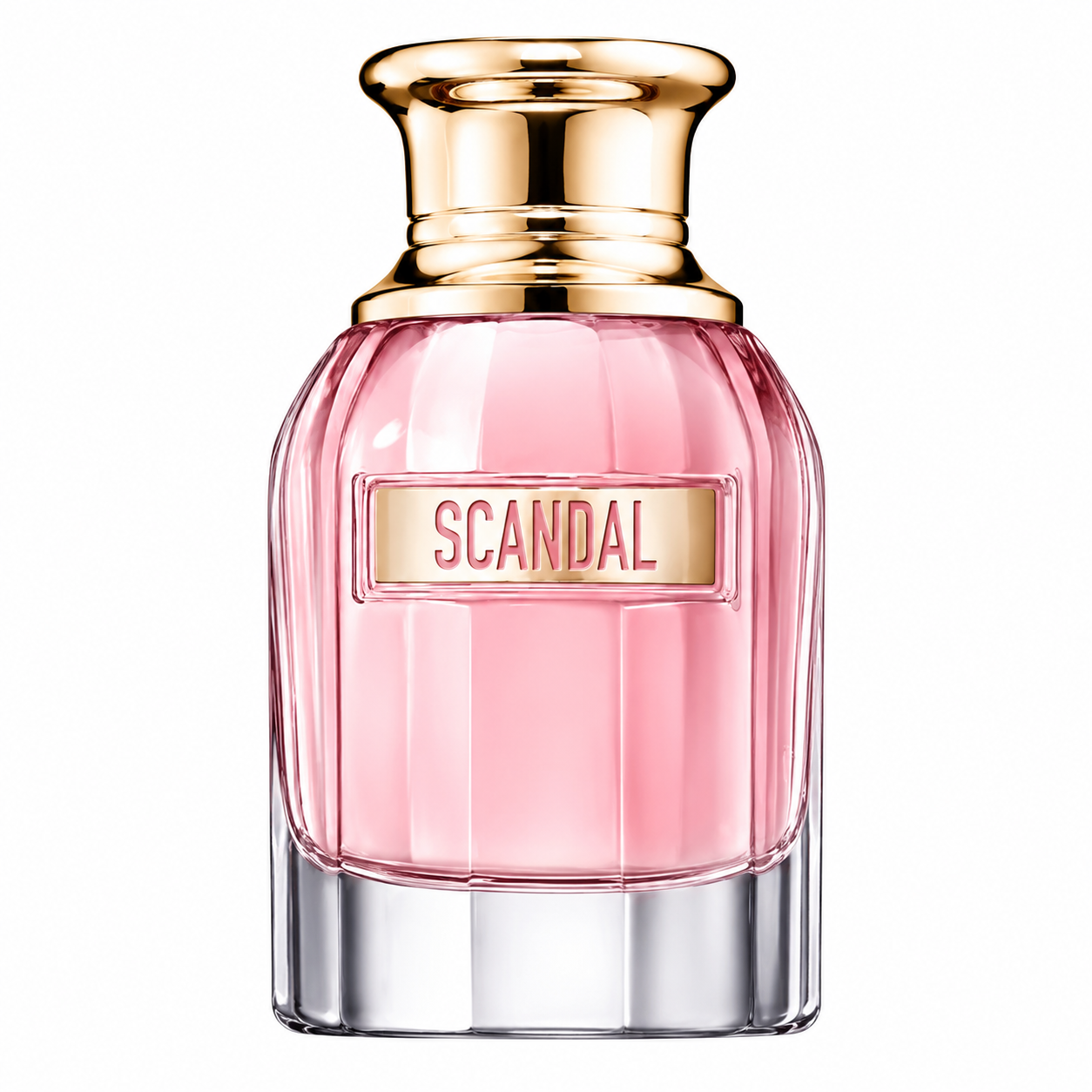 Jean Paul Gaultier Scandal Eau de Parfum perfume bottle isolated on a white background, featuring a faceted pink glass bottle with a gold cap and a gold Scandal nameplate on the front.