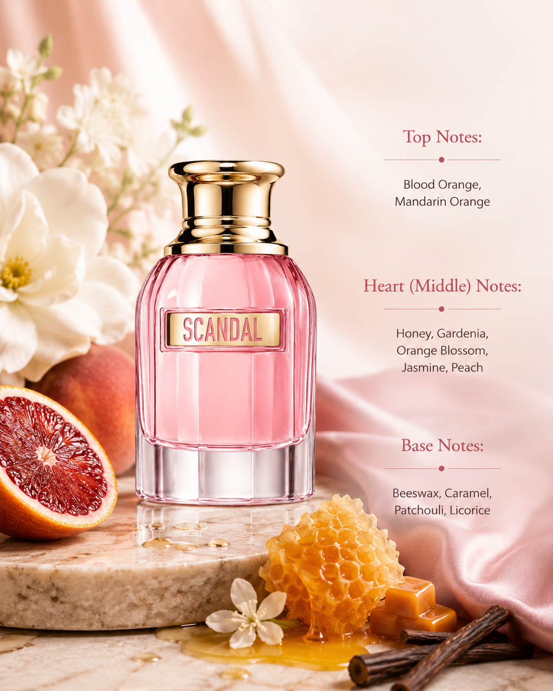 Jean Paul Gaultier Scandal Eau de Parfum displayed with its fragrance notes, surrounded by blood orange, peach, white flowers, honeycomb, caramel, and vanilla pods, highlighting its sweet floral gourmand fragrance with citrus, honey, gardenia, beeswax, caramel, patchouli, and licorice accords.