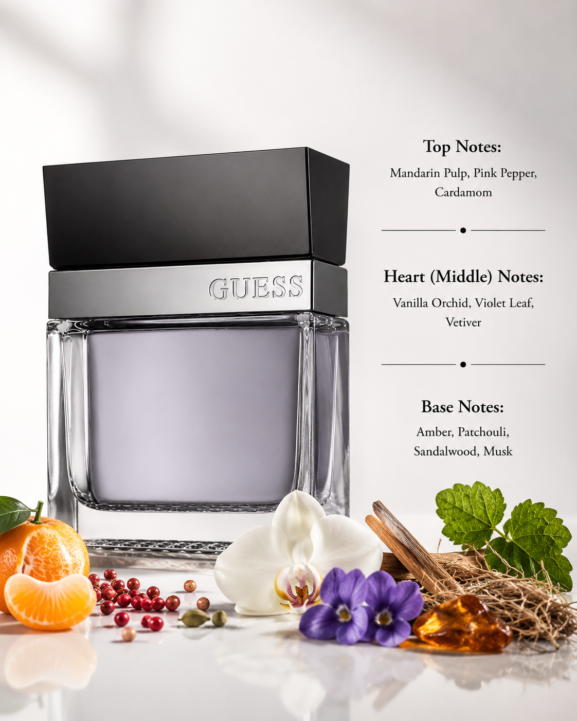Guess Seductive Homme Noir Eau de Toilette displayed with fragrance notes, surrounded by mandarin, pink pepper, cardamom, vanilla orchid, violet leaves, vetiver, amber, patchouli, sandalwood, and musk, highlighting its spicy woody amber fragrance profile.