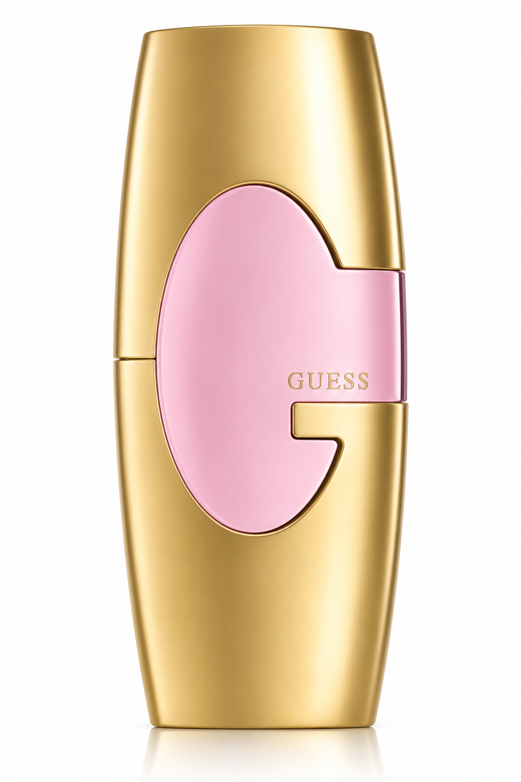 Guess Gold Eau de Parfum perfume bottle isolated on a white background, featuring a sleek gold bottle with a soft pink center panel in a modern sculptural design for women.