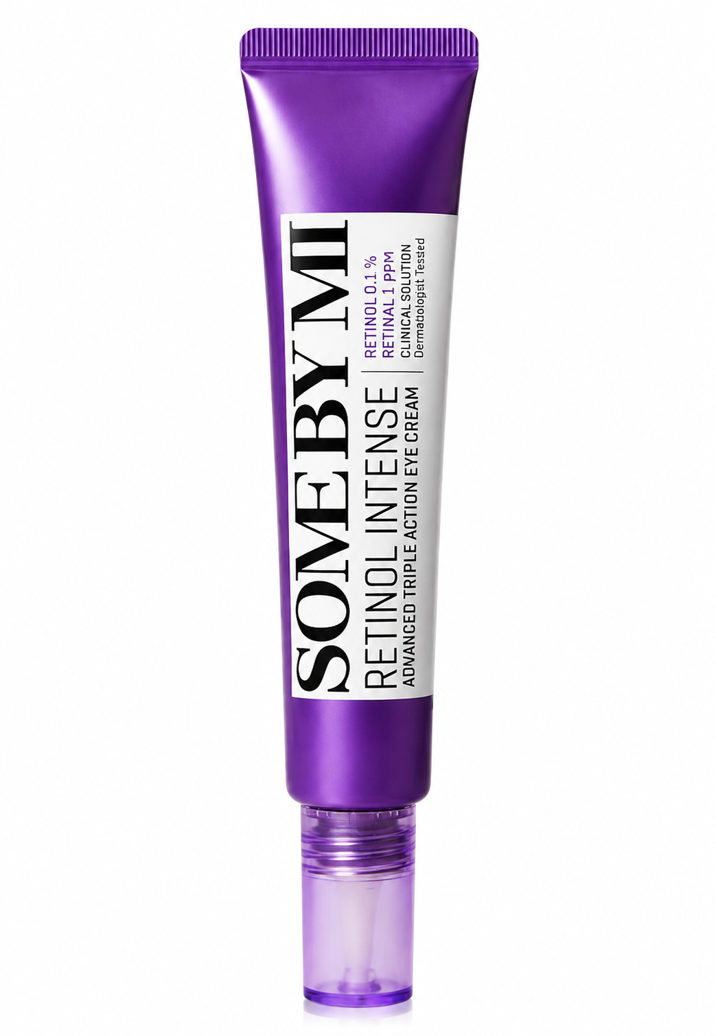 SOME BY MI Retinol Intense Advanced Triple Action Eye Cream in its distinctive purple precision-tip tube, featuring Retinol 0.1% and Retinal 1 ppm.