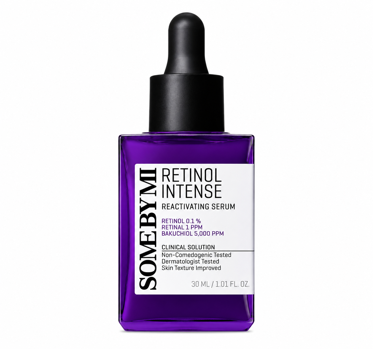 SOME BY MI Retinol Intense Reactivating Serum 30 ml in its deep-purple glass dropper bottle, formulated with Retinol 0.1%, Retinal 1 ppm and Bakuchiol 5,000 ppm.