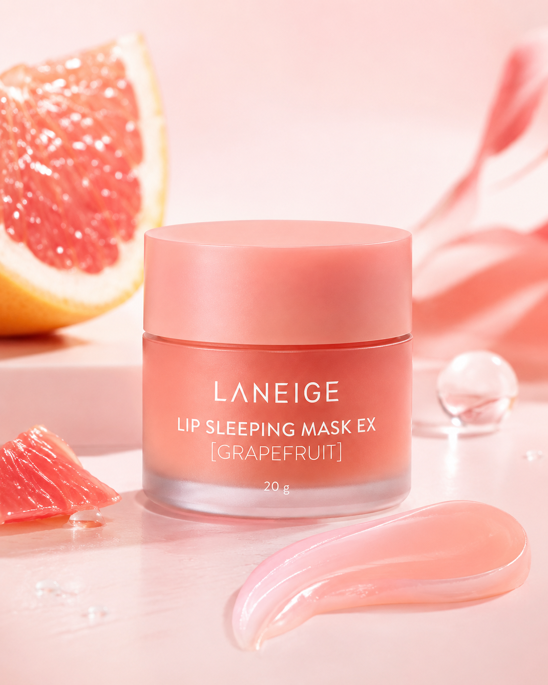 Laneige Lip Sleeping Mask EX Grapefruit displayed with fresh grapefruit slices, a glossy lip applicator, and a soft pink skincare-inspired setting. This intensely moisturizing overnight lip mask helps lock in hydration, smooth away dryness, and restore supple, healthy-looking lips while delivering a refreshing grapefruit fragrance for a nourishing overnight lip care experience.