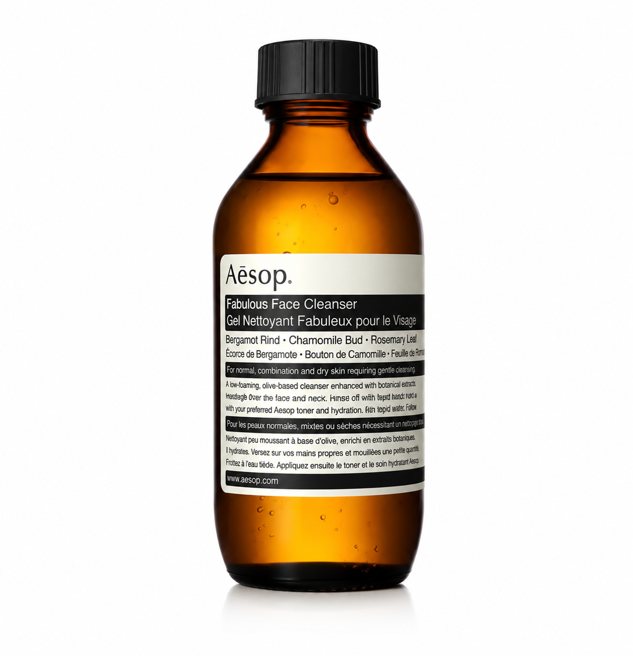 Aesop Fabulous Face Cleanser in a signature amber glass bottle with a black screw cap and Aesop's minimalist white label, isolated on a white background. This gentle, low-foaming facial cleanser is formulated with botanical ingredients to cleanse, refresh, and maintain the skin's natural balance while reflecting Aesop's iconic apothecary-inspired design.