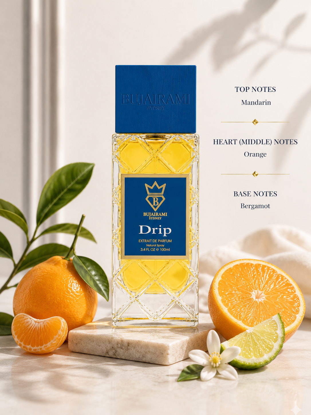 Bujairami Drip Extrait de Parfum 100ml elegantly displayed on a premium marble pedestal in a bright Mediterranean-inspired setting surrounded by juicy mandarins, fresh oranges, bergamot slices, delicate citrus blossoms and lush green leaves, reflecting its vibrant citrus composition with a clean, refreshing and sophisticated atmosphere.
