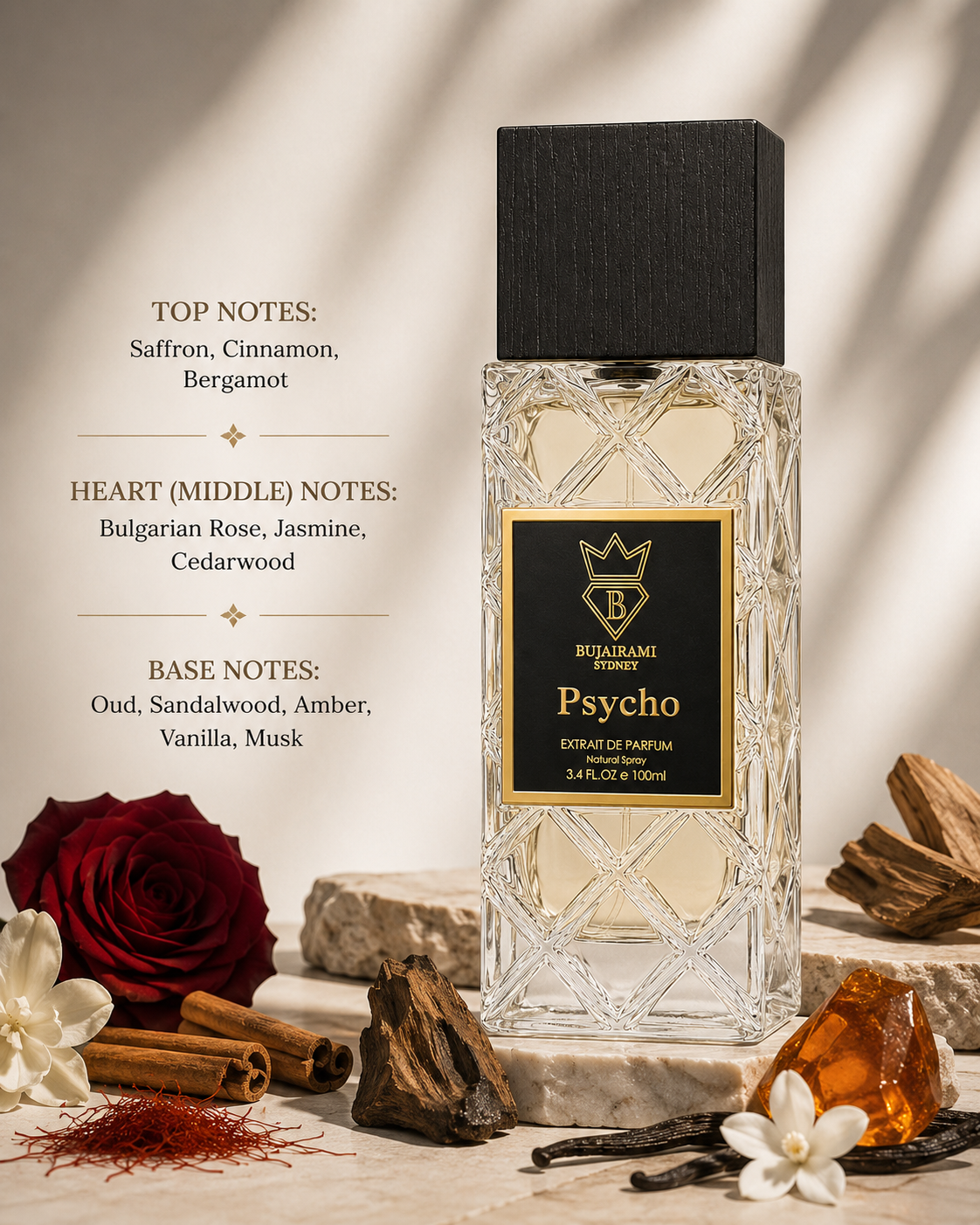 Bujairami Psycho Extrait de Parfum displayed in an elegant luxury composition on a natural marble stone pedestal, surrounded by vibrant saffron threads, cinnamon sticks, fresh bergamot, velvety Bulgarian red rose, delicate jasmine blossoms, rich cedarwood pieces, dark oud wood, creamy sandalwood, golden amber resin, Madagascar vanilla pods and soft white musk-inspired elements. Warm natural sunlight streams across the scene, casting refined botanical shadows over a minimalist premium background.