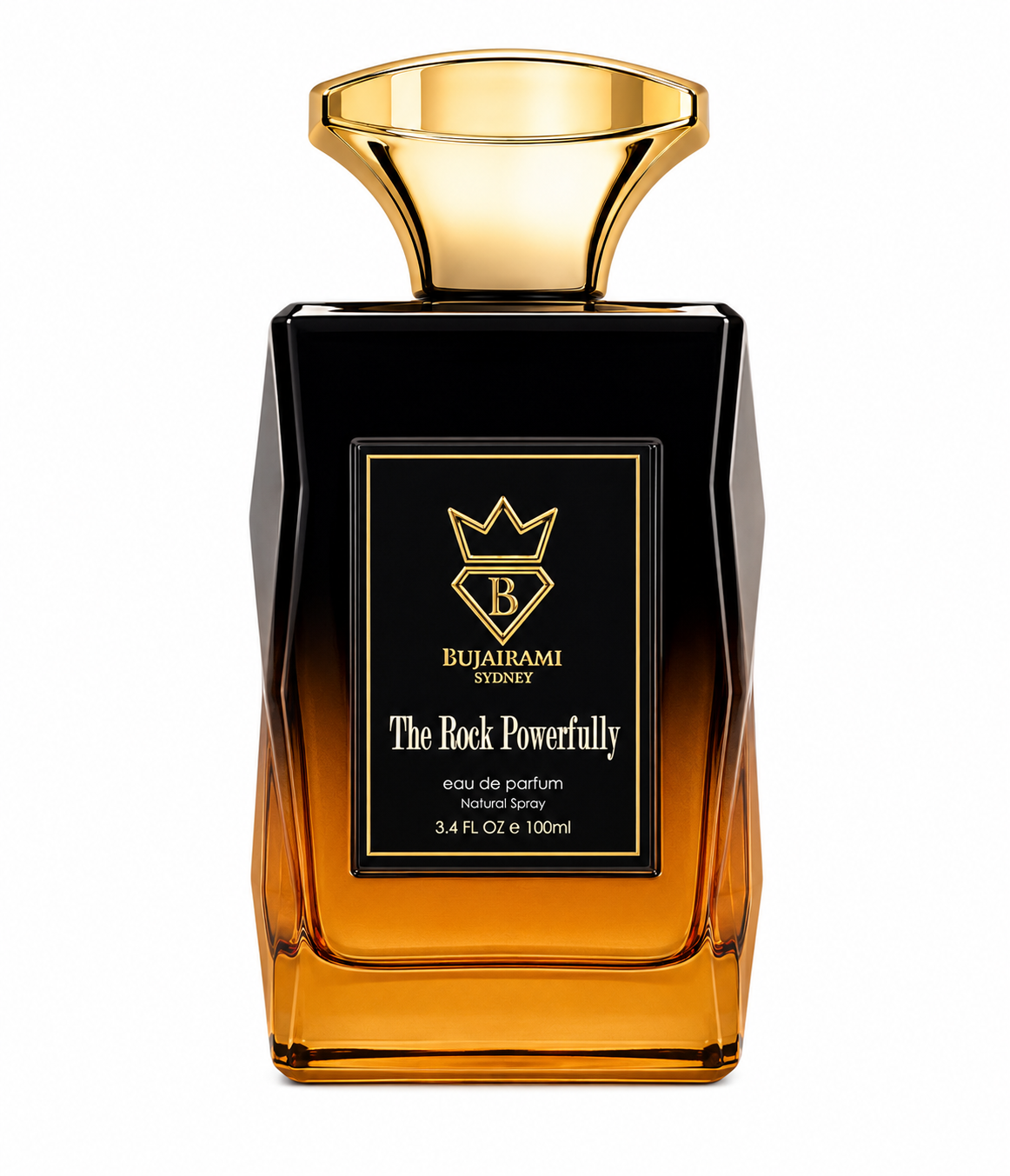 Bujairami The Rock Powerfully Eau de Parfum 100ml presented on a pure white background, featuring a striking faceted amber glass bottle with a luxurious gold cap and elegant black-and-gold label, showcasing a bold premium design that reflects its rich, long-lasting fragrance composition.