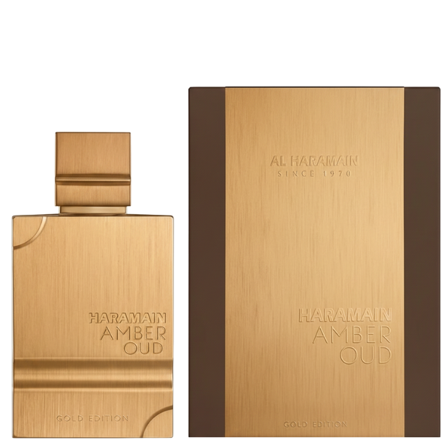 Haramain Amber Oud perfume bottle and packaging on a white background