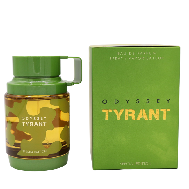 Armaf Odyssey Tyrant Special Edition 100ml Eau De Parfum in a camouflage-patterned flask bottle with a tactical loop handle, standing next to its matching bright green presentation box with bold gold lettering.