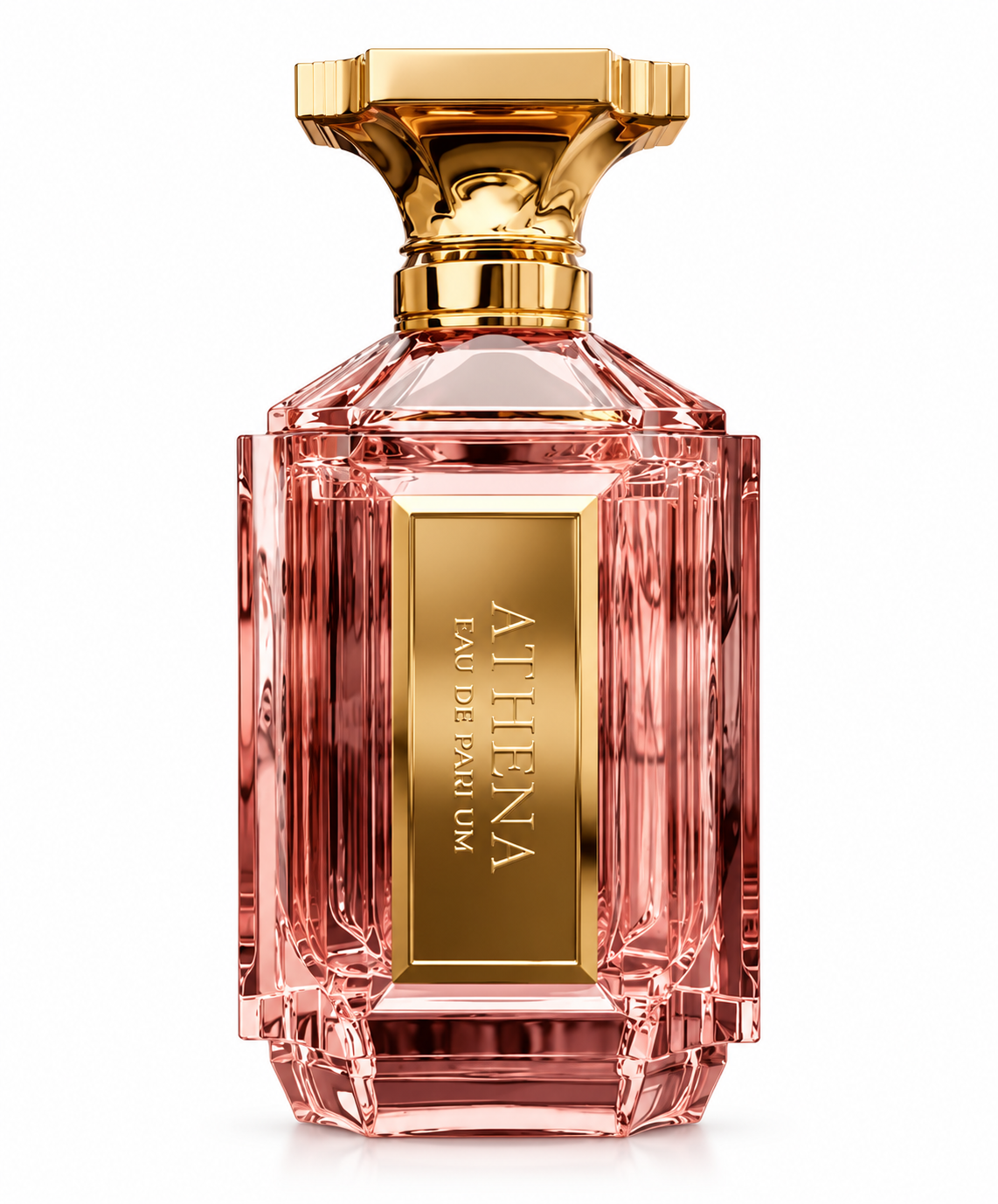 Athena Eau de Parfum in an elegant blush pink faceted glass bottle with a sculptural gold cap and vertical gold front plaque, photographed on a clean white background.