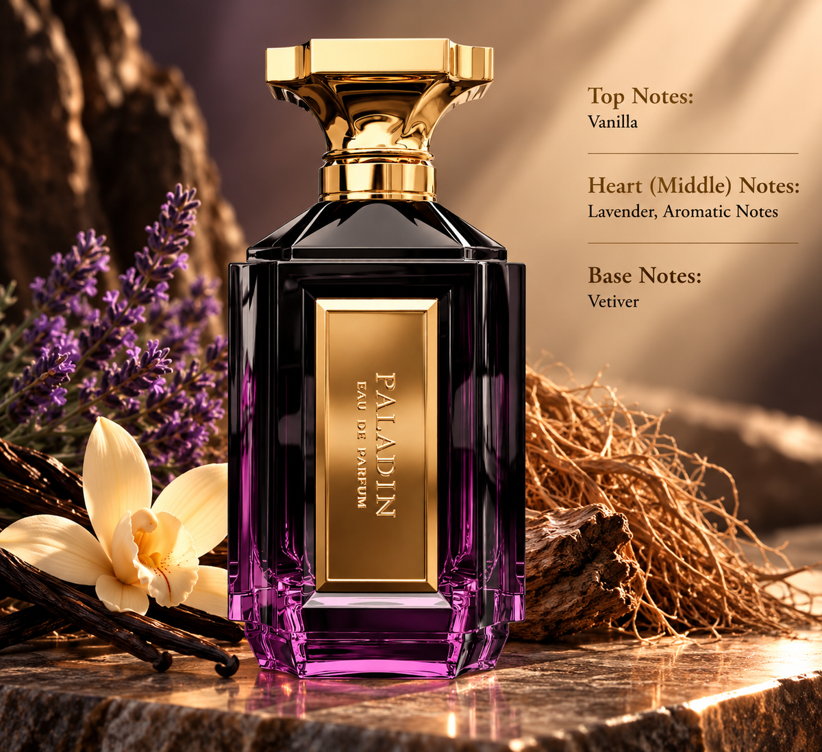 Paladin Eau de Parfum presented in a warm, sophisticated composition inspired by vanilla, aromatic lavender and earthy vetiver, with rich purple and golden tones highlighting its elegant character.