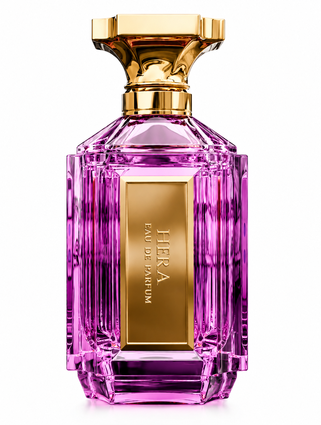 ALT text 1: Hera Eau de Parfum in a vibrant pink-purple faceted glass bottle with a sculptural gold cap and elegant vertical gold Hera plaque, photographed on a clean white background.