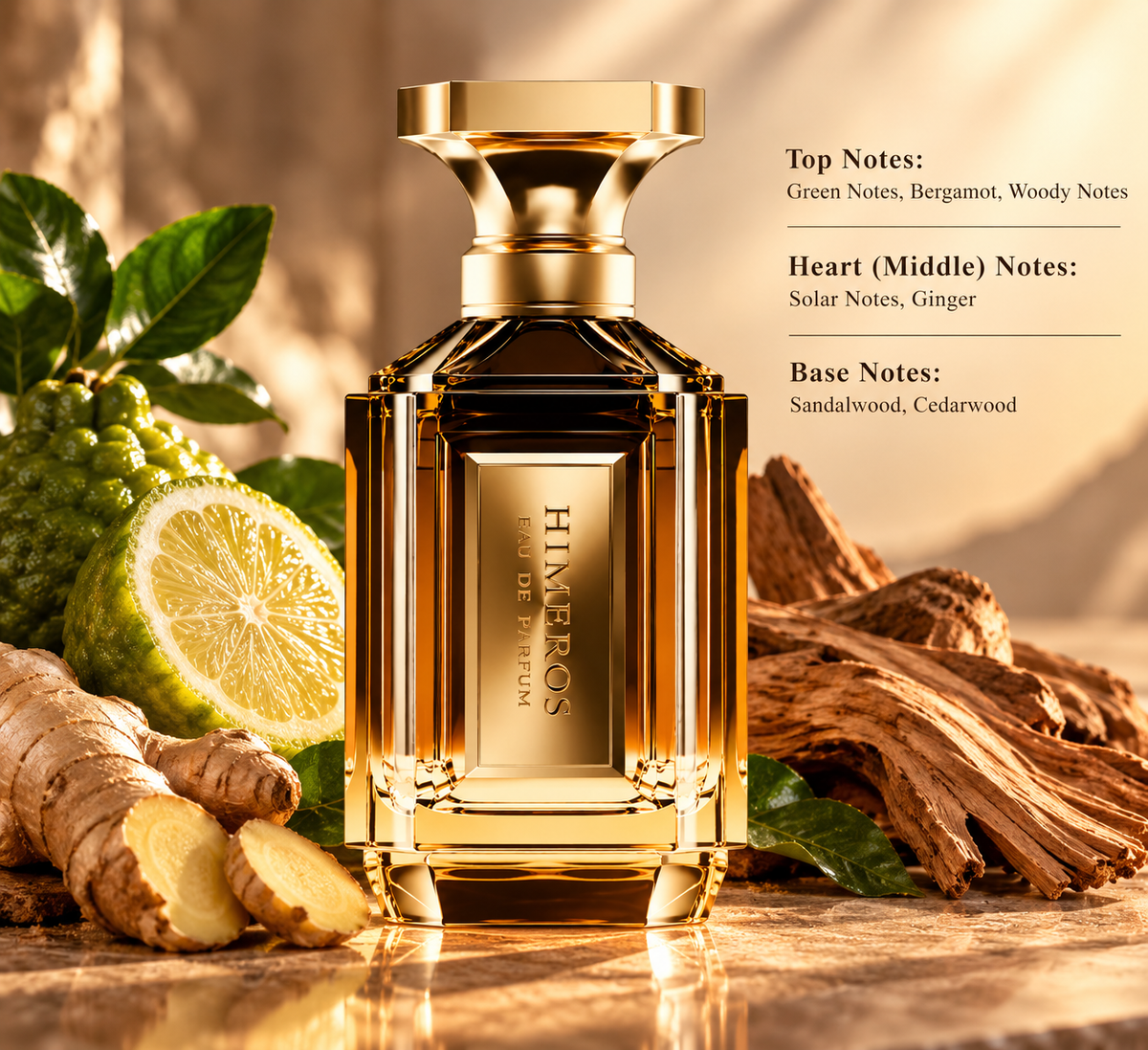 Himeros Eau de Parfum in a warm elegant setting with green notes, bergamot, ginger, sandalwood and cedarwood accents, surrounded by citrus, fresh leaves and natural woods.