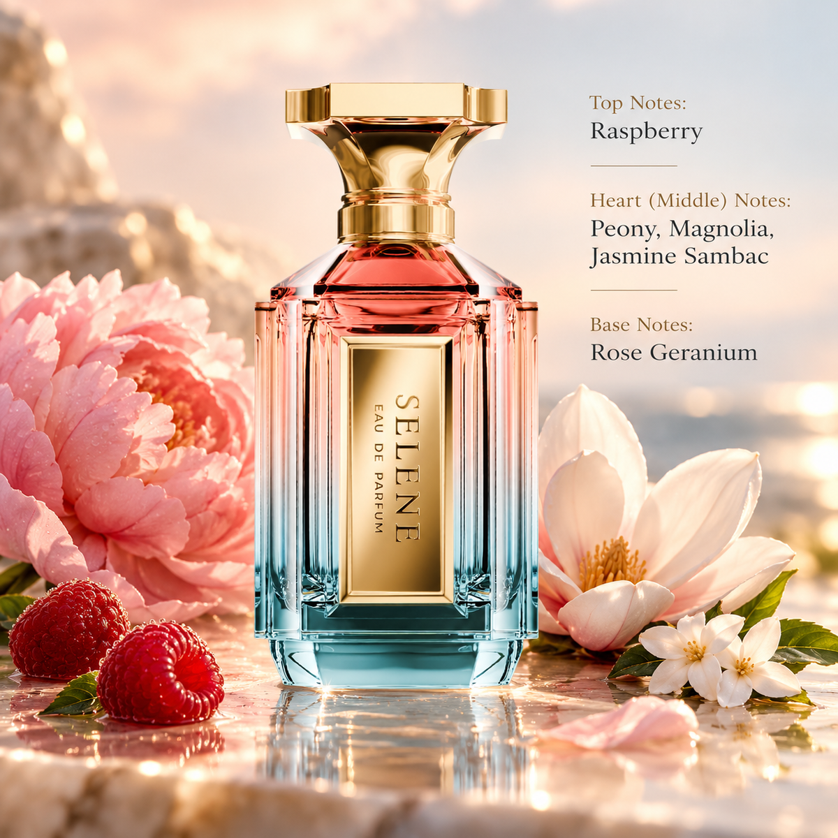 Selene Eau de Parfum in an elegant pink and turquoise gradient glass bottle with a sculpted gold cap, surrounded by fresh raspberries, delicate pink peonies, magnolia and jasmine flowers. A luxurious fruity floral fragrance with raspberry, jasmine sambac and rose geranium notes, presented in a romantic, sunlit setting.