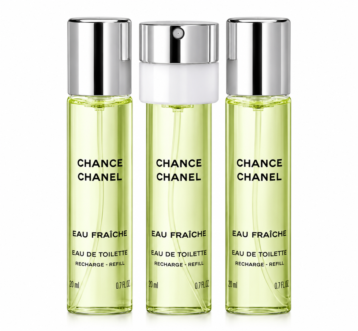 Chanel Chance Eau Fraîche Eau de Toilette 3 × 20ml refill set, featuring three slim transparent spray bottles filled with fresh light green perfume, elegant silver caps and black Chanel lettering. A luxurious women's citrus floral fragrance refill collection on a clean white background
