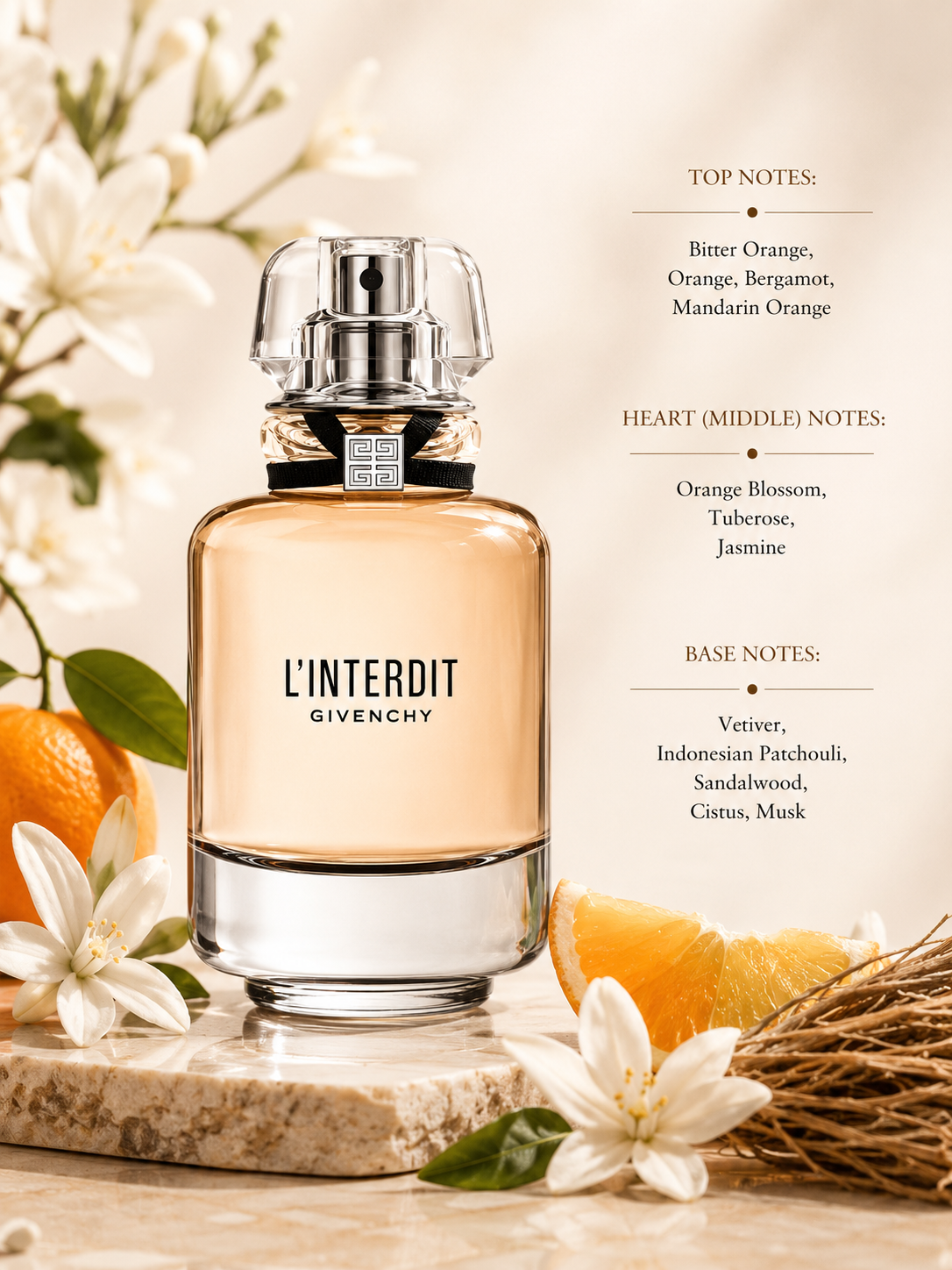Givenchy L'Interdit Eau de Toilette with fragrance notes, displayed beside citrus fruits, orange blossoms, jasmine flowers and woody accords, highlighting its fresh citrus, floral and woody composition.