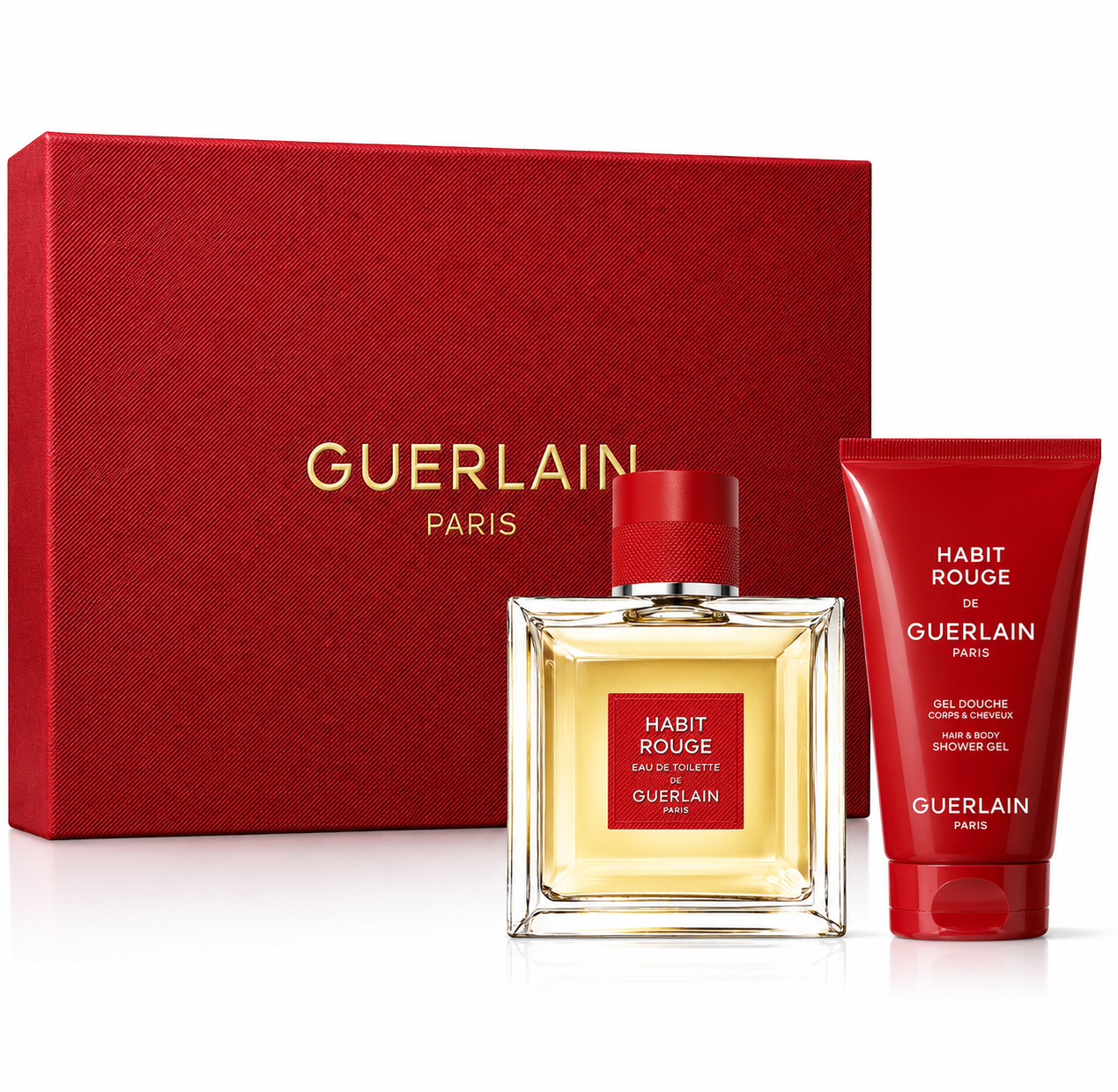 Guerlain Habit Rouge Gift Set featuring Habit Rouge Eau de Toilette and matching Hair & Body Shower Gel presented in front of a luxurious textured red Guerlain Paris gift box on a white background. The elegant fragrance set combines the iconic amber-colored square perfume bottle with a bold red cap and coordinating red shower gel, making it an ideal luxury men's fragrance gift for special occasions, holidays, birthdays, or festive celebrations.