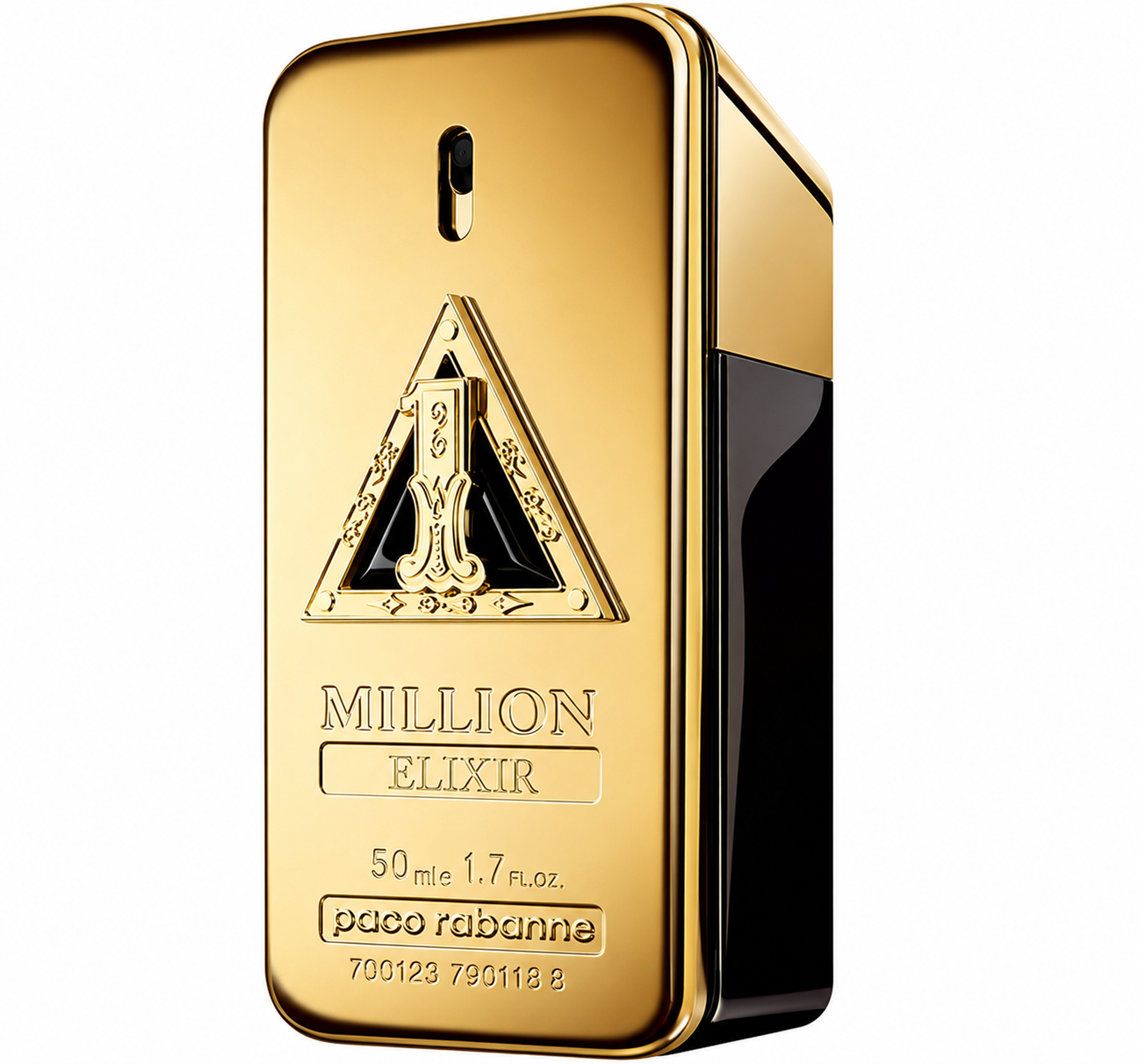 Paco Rabanne 1 Million Elixir Parfum 50ml presented on a pure white background, showcasing its iconic luxurious gold ingot-shaped bottle with polished metallic finish and elegant black accents, emphasizing its premium craftsmanship and unmistakable signature design.