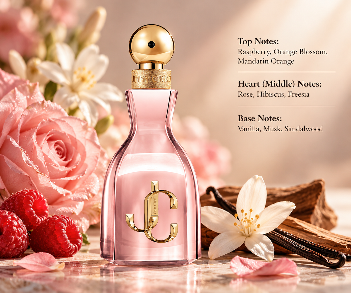 Jimmy Choo I Want Choo With Love perfume in an elegant pink glass bottle with gold JC logo and spherical cap, surrounded by pink roses, raspberries, white flowers and vanilla, highlighting its fruity, floral and warm fragrance notes.