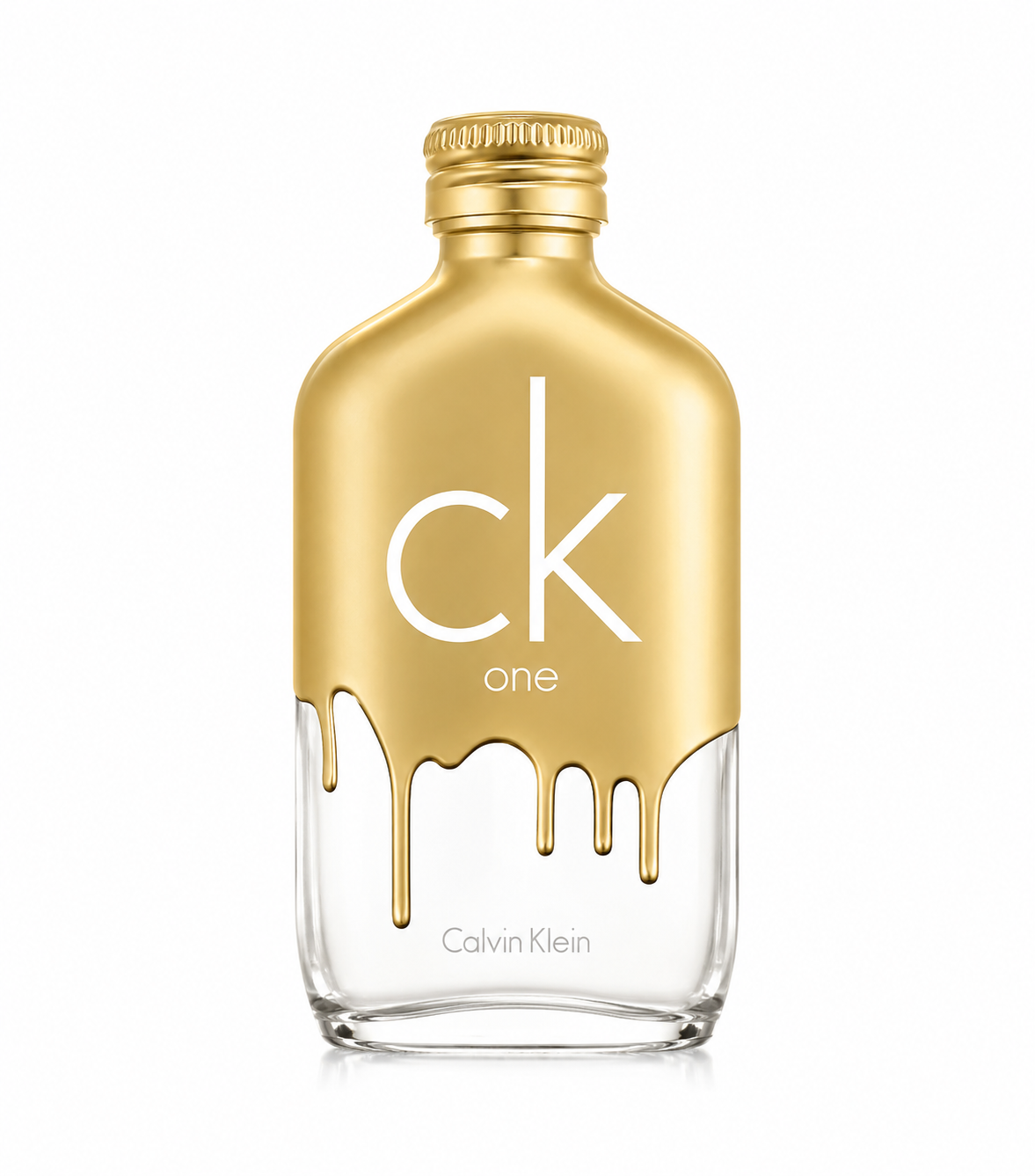 Calvin Klein CK One perfume bottle with a metallic gold upper section and dripping design over a clear glass lower section, on a white background.