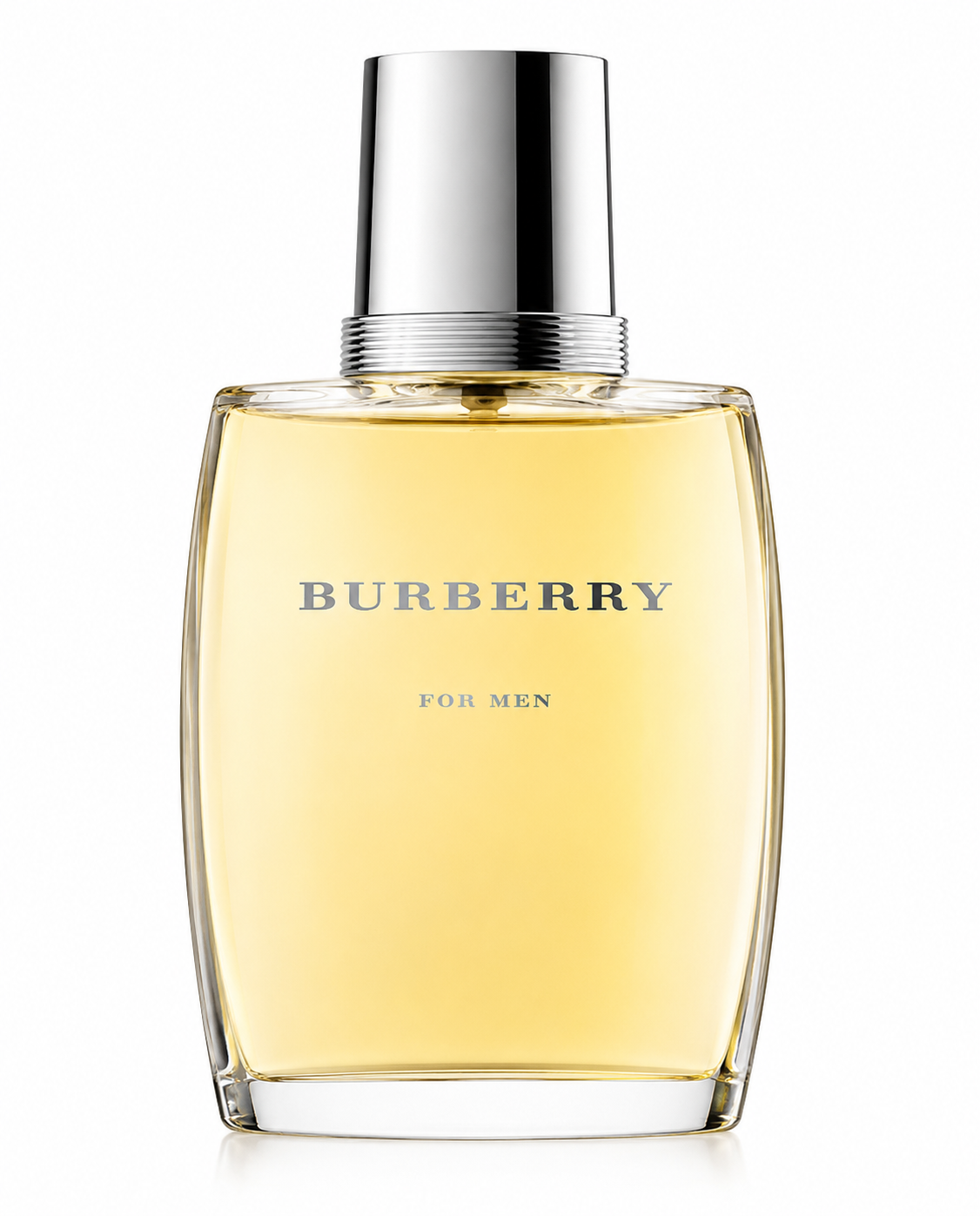 Burberry For Men Eau de Toilette bottle with a classic clear glass design, pale golden fragrance and a sleek silver cap.