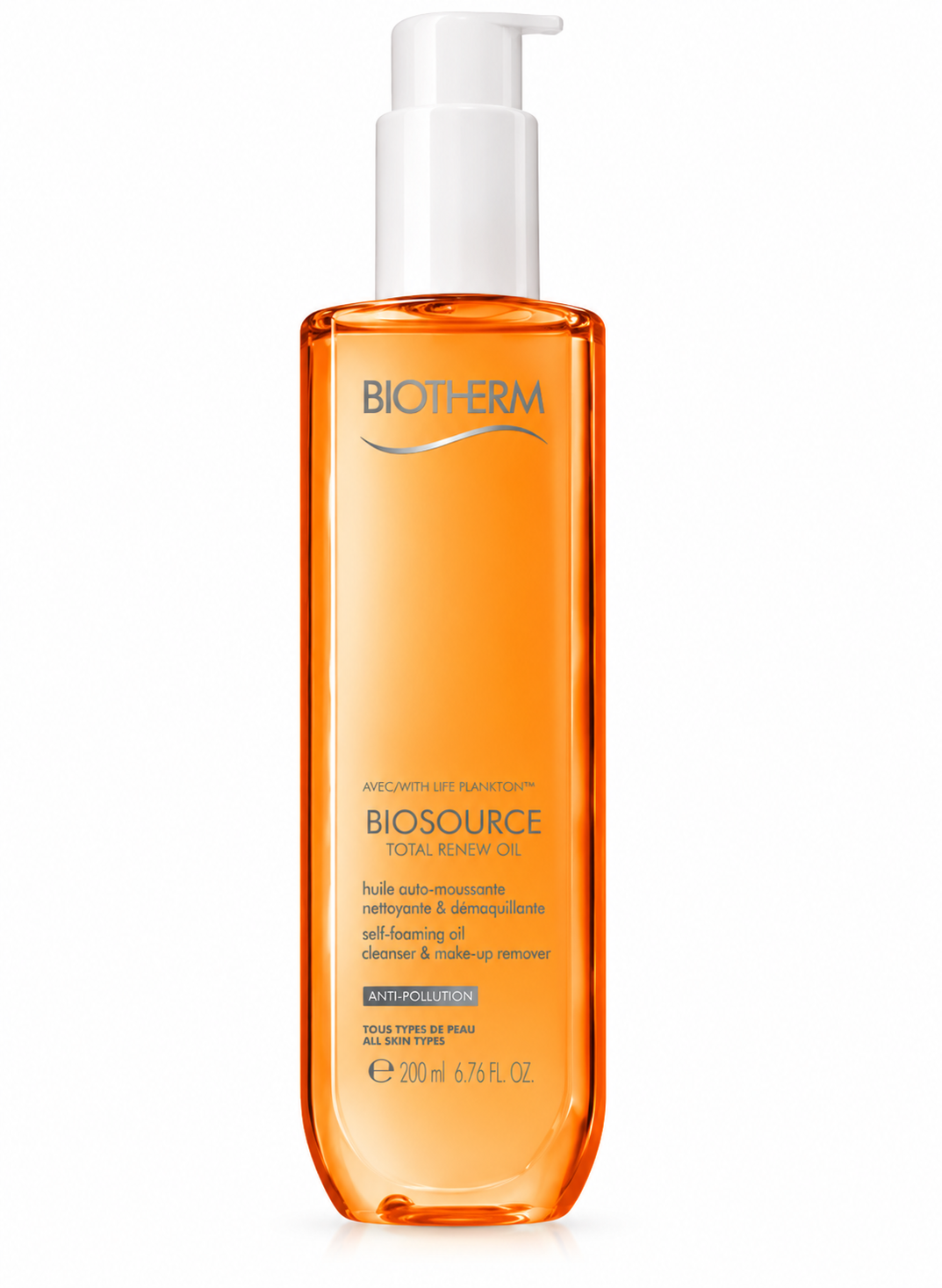 Biotherm Biosource Total Renew Oil 200ml self-foaming cleansing oil and makeup remover with Life Plankton, presented in its transparent orange pump bottle on a clean white background.