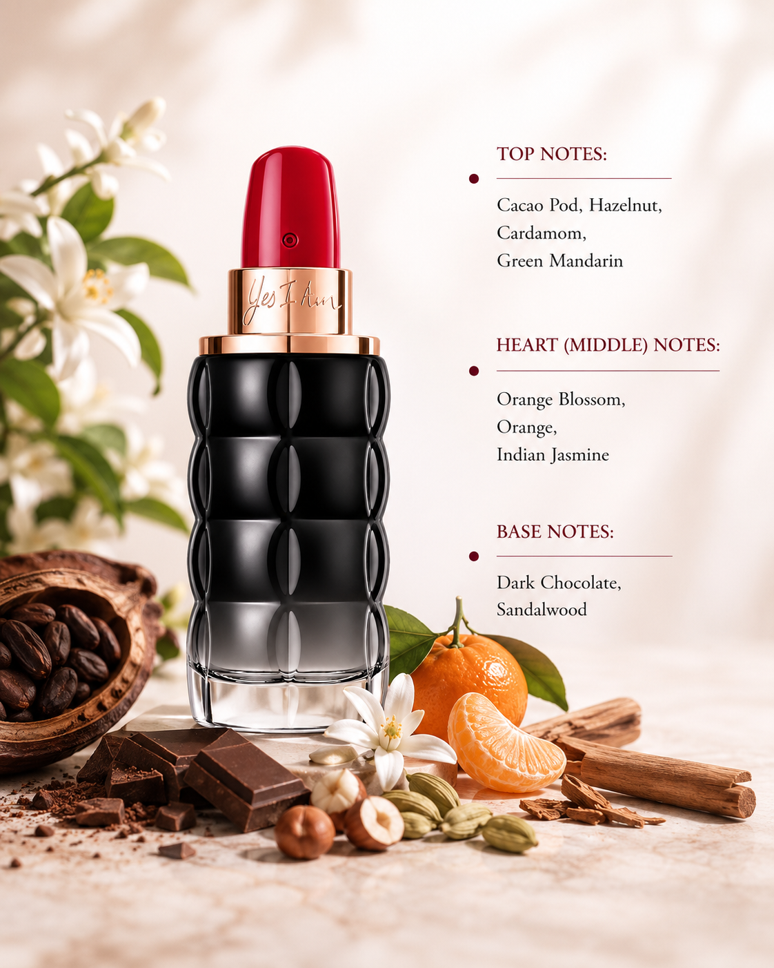 Cacharel Yes I Am Delicious 50ml Eau de Parfum for Women displayed with cacao, dark chocolate, hazelnut, cardamom, orange blossom and sandalwood, highlighting its warm gourmand fragrance.