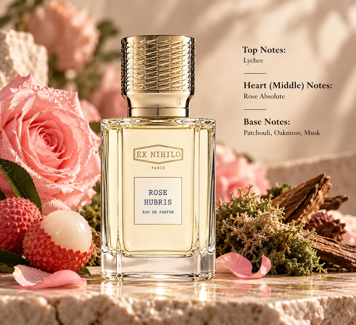 Ex Nihilo Rose Hubris Eau de Parfum bottle displayed with fresh lychee, pink roses, oakmoss and warm woody elements, highlighting its elegant fruity floral, earthy and softly musky fragrance profile.