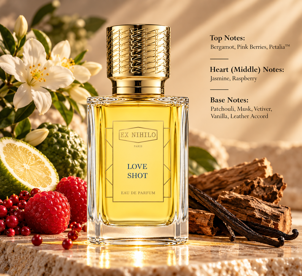 Ex Nihilo Love Shot Eau de Parfum bottle in an elegant warm setting with bergamot, jasmine, raspberries, pink berries, vanilla and woody accents, reflecting its fruity, floral, musky and sensual fragrance profile.