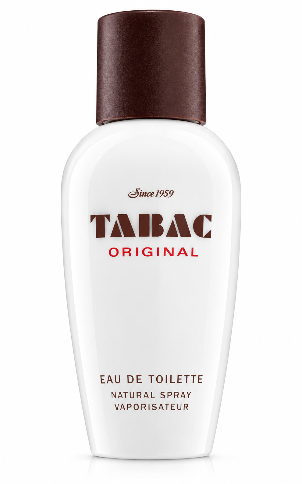 Tabac Original 100ml Eau de Toilette in its classic white bottle with a dark brown cap, featuring the distinctive brown and red Tabac Original branding, photographed front-facing against a clean pure white background.