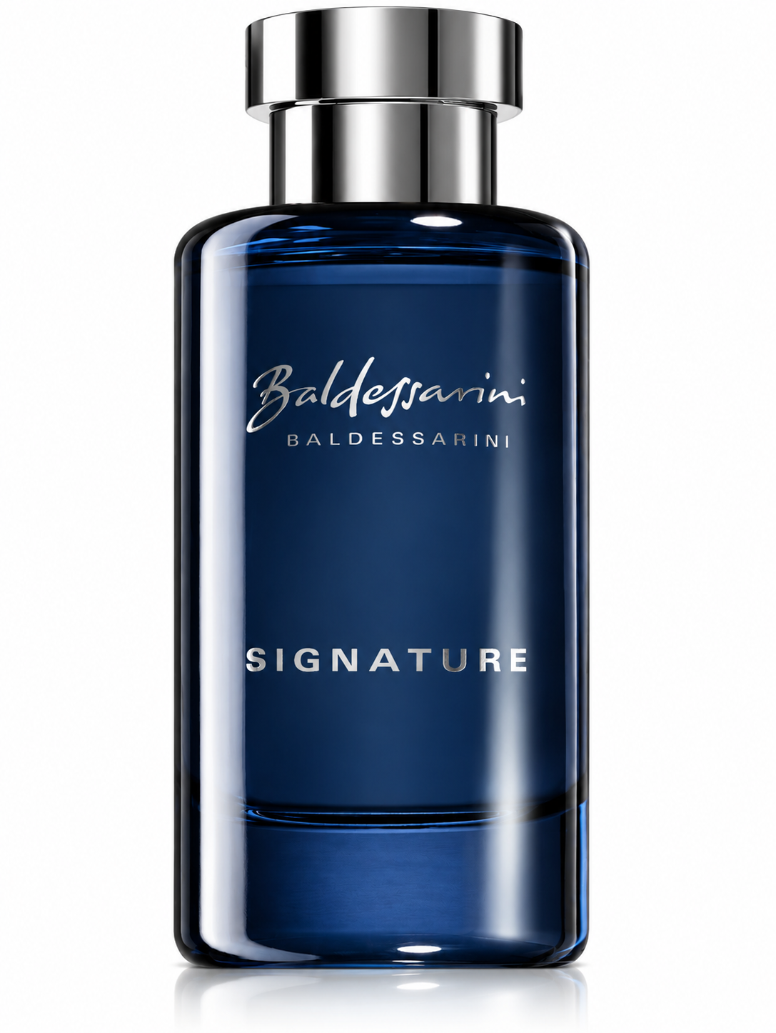 Baldessarini Signature men’s fragrance in an elegant dark blue glass bottle with silver cap, presented on a clean white background with the distinctive Baldessarini logo and Signature lettering.