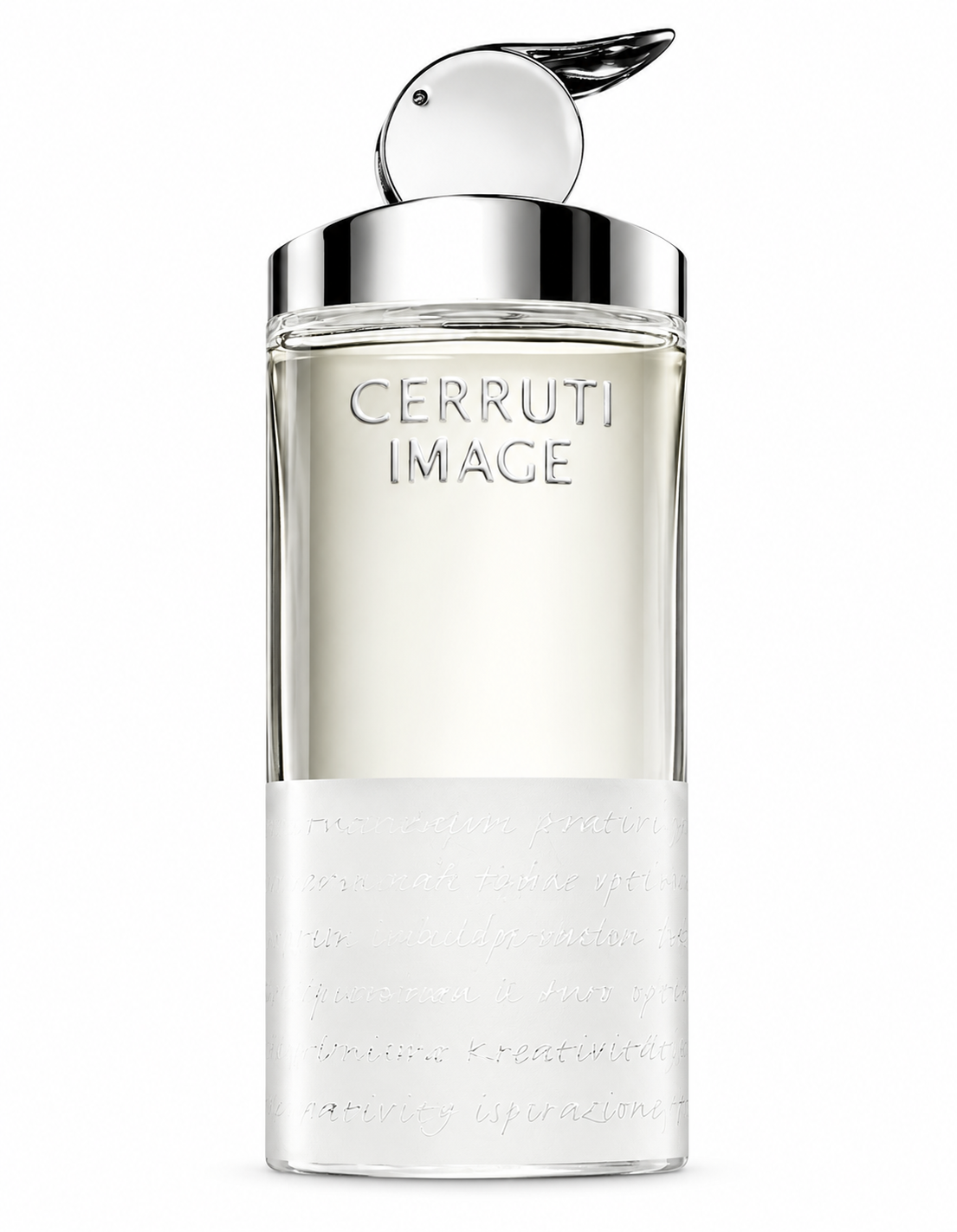 Cerruti Image Eau de Toilette for men in a sleek transparent cylindrical glass bottle with silver detailing, embossed Cerruti Image lettering and a distinctive metallic bird-shaped cap. A refined masculine fragrance presented against a clean white background.