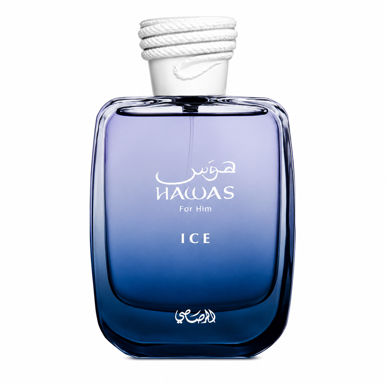 A bottle of Hawas Ice For Him fragrance, featuring a blue gradient glass bottle with a white rope-wrapped cap, set against a plain white background.