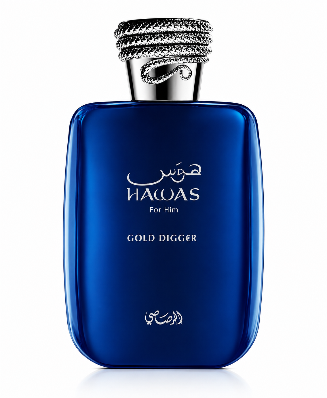 Hawas For Him Gold Digger fragrance presented in a striking deep-blue bottle with an ornate silver snake-inspired cap and elegant silver branding.