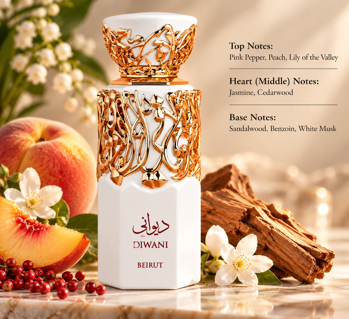French Avenue Diwani Beirut perfume presented with peach, pink pepper, jasmine and warm woods, reflecting its fruity floral opening and smooth sandalwood, benzoin and white musk base.