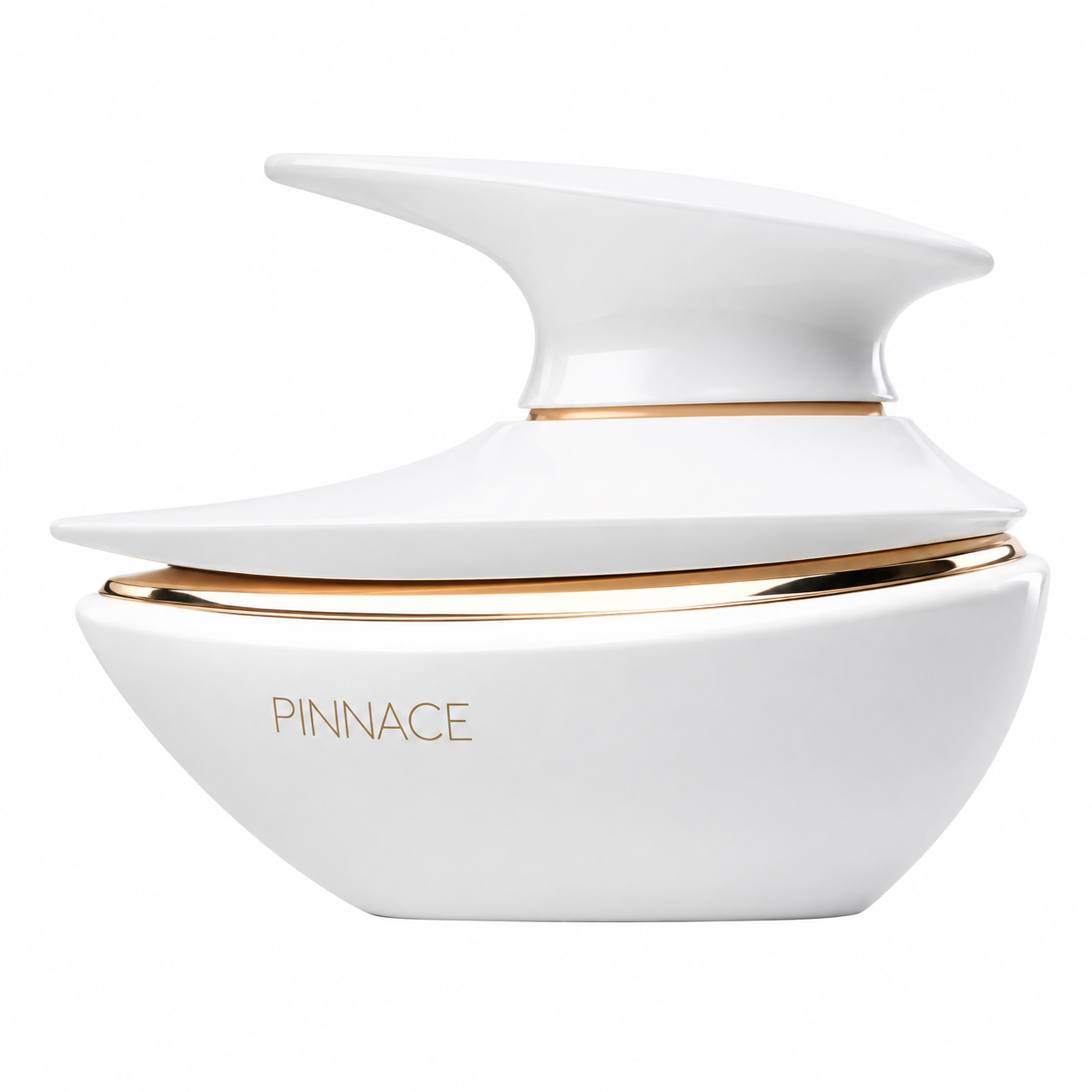 French Avenue Pinnace Eau de Parfum bottle with its distinctive sculptural matte white design and elegant gold accents, isolated on a clean white background.
