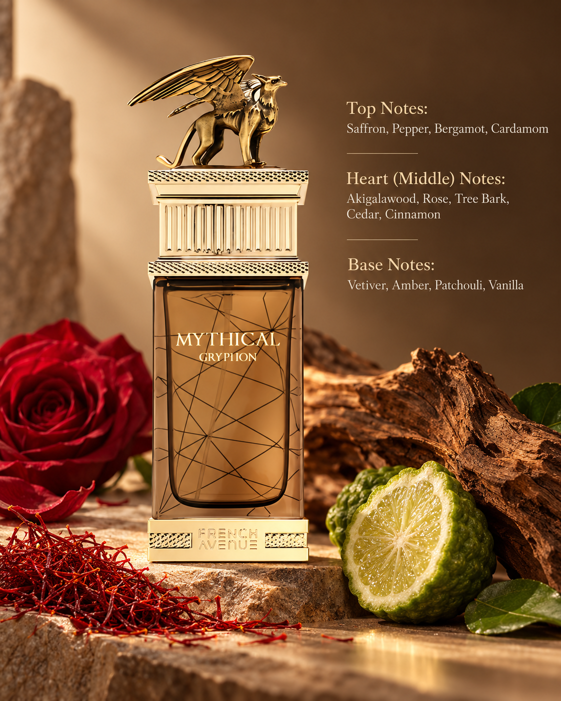 French Avenue Mythical Gryphon luxury perfume bottle featuring an elegant amber glass design, intricate gold detailing and a sculpted golden gryphon cap. Displayed on warm beige stone with saffron, red rose, bergamot and textured wood, highlighting its rich spicy, woody and amber fragrance notes.
