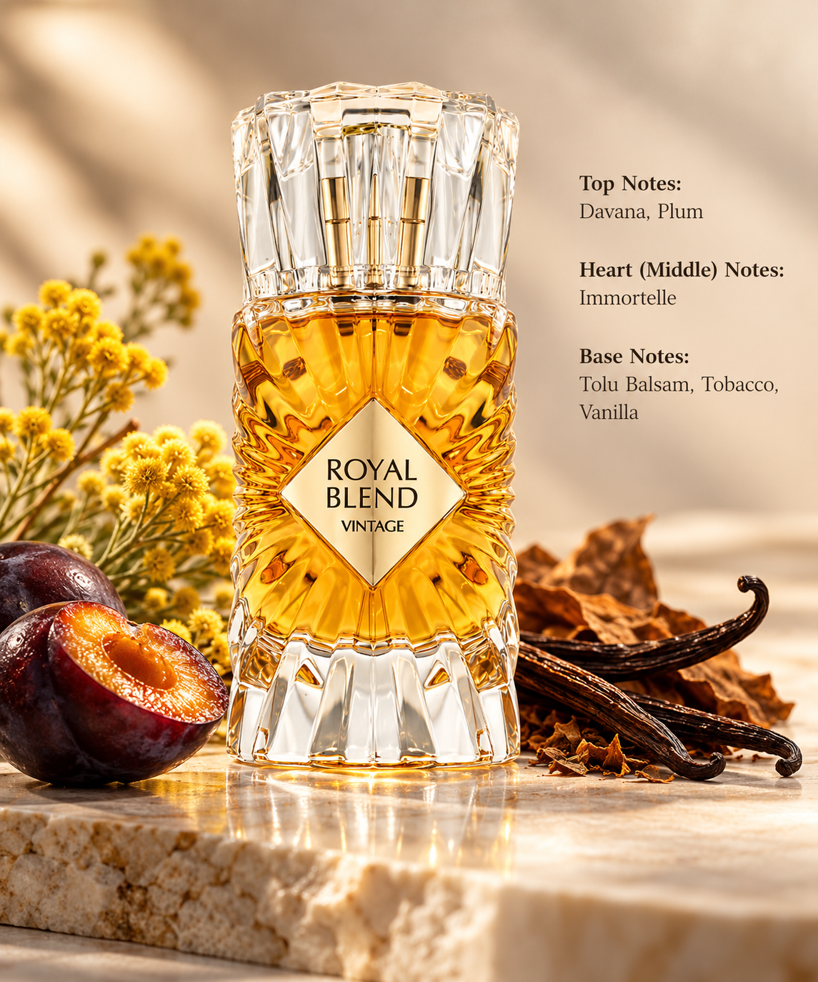 Royal Blend Vintage luxury amber perfume bottle displayed on elegant beige stone, surrounded by ripe plums, golden immortelle flowers, tobacco leaves and vanilla pods. A sophisticated fragrance composition featuring davana, plum, immortelle, tolu balsam, tobacco and vanilla notes against a warm neutral background.