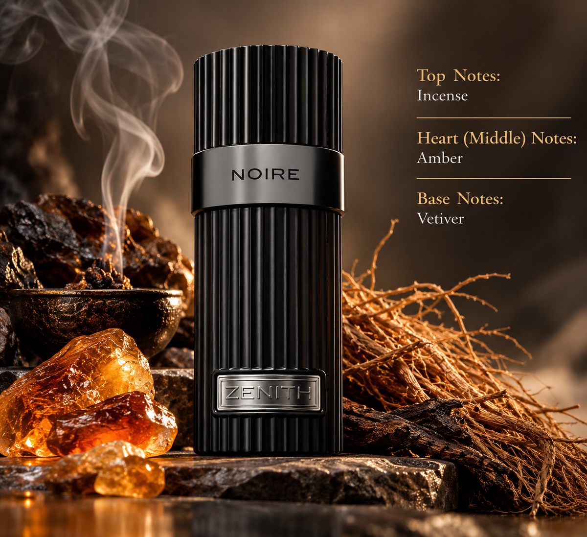 Zenith Noire perfume presented in a dark, luxurious composition with smoky incense, glowing amber resin and earthy vetiver roots, reflecting its warm, intense and sophisticated scent profile.
