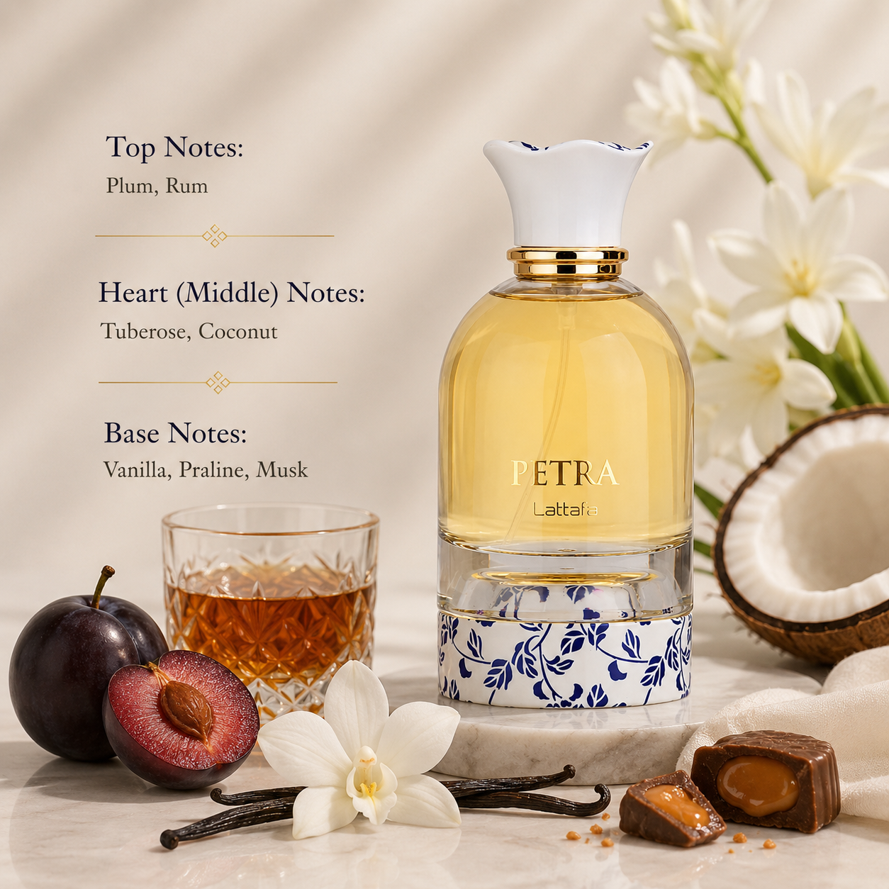 Lattafa Petra Eau de Parfum showcased in an elegant luxury fragrance composition featuring plum, rum, tuberose, coconut, vanilla, praline, and musk-inspired elements. The refined glass bottle with golden fragrance liquid and delicate blue detailing is presented in a sophisticated setting that highlights its fruity, creamy, floral, and gourmand character.