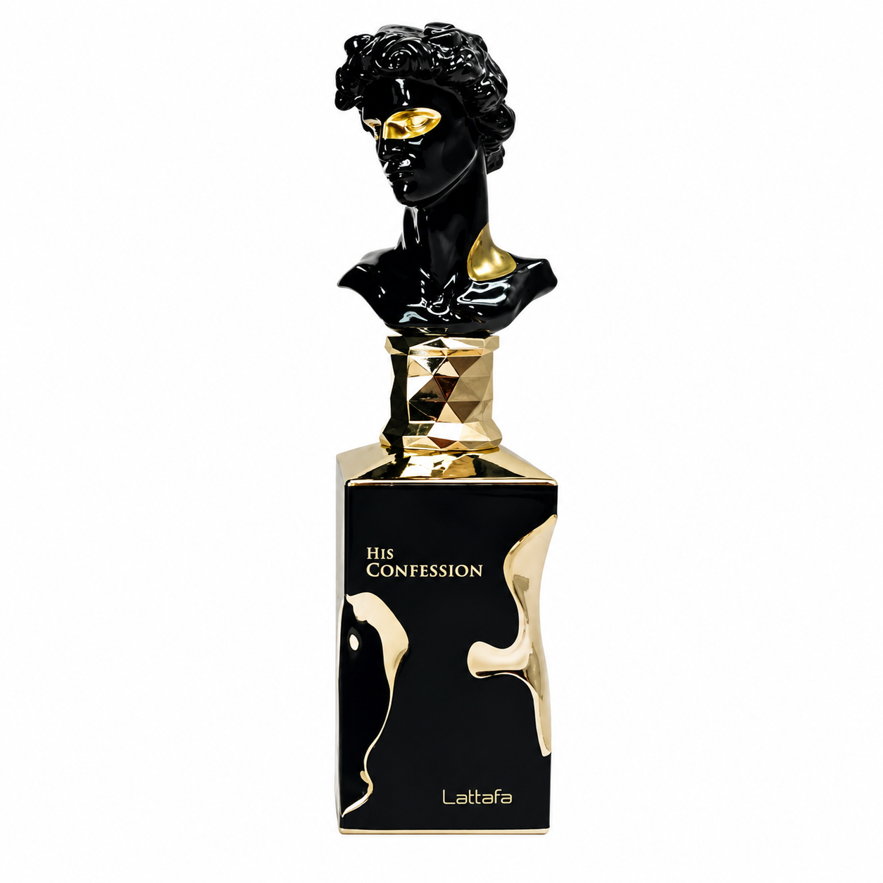 Lattafa His Confession Eau de Parfum in a luxurious black and gold bottle featuring a sculptural classical bust cap with gold accents, presented on a clean white background. Premium masculine fragrance showcased in a high-resolution studio product image.