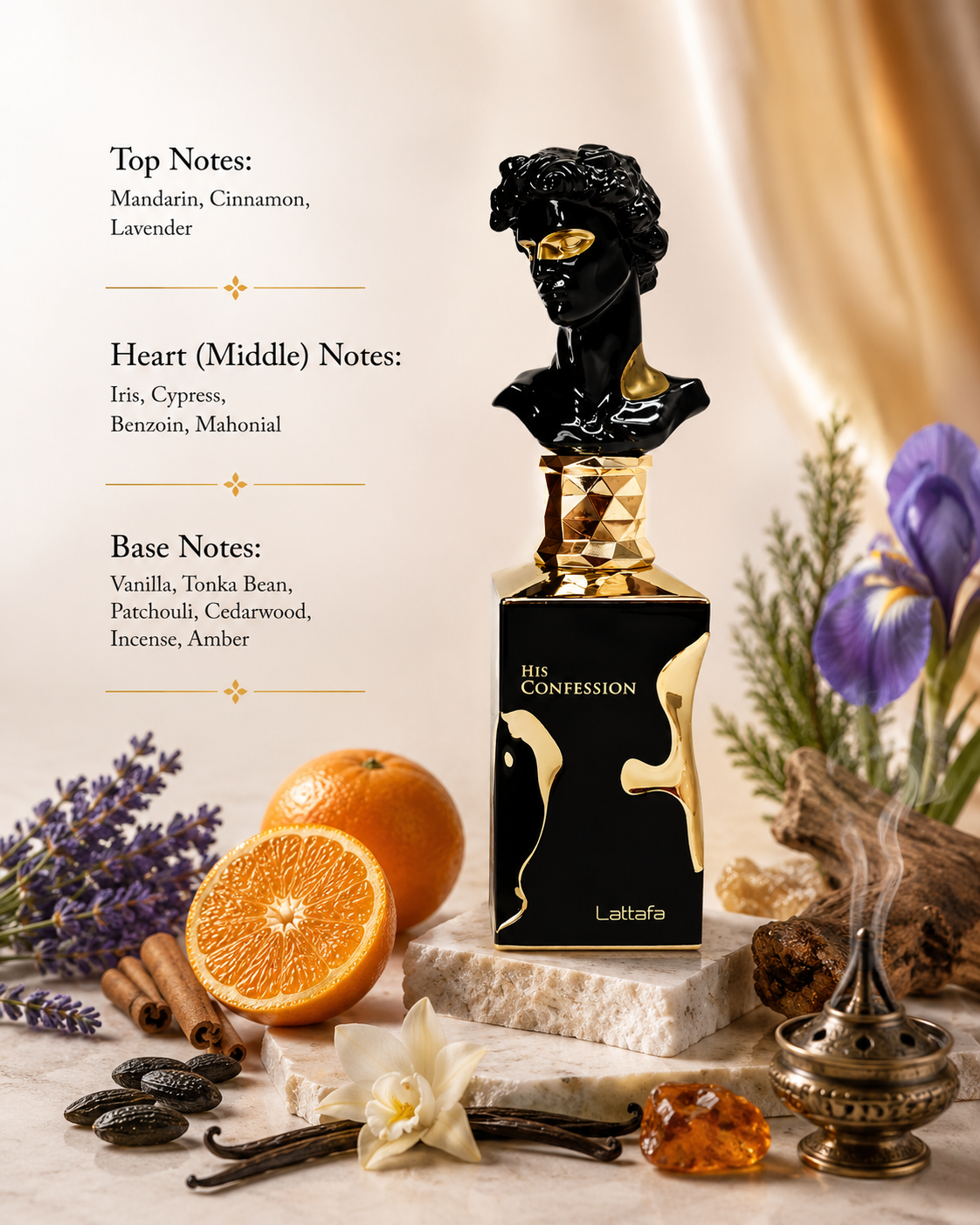 Lattafa His Confession Eau de Parfum showcased in an elegant luxury fragrance composition featuring mandarin, cinnamon, lavender, iris, cypress, benzoin, mahonial, vanilla, tonka bean, patchouli, cedarwood, incense, and amber-inspired elements. The distinctive black and gold bottle with a sculptural classical bust cap is presented in a refined setting that highlights its spicy, woody, aromatic, and warm oriental character.