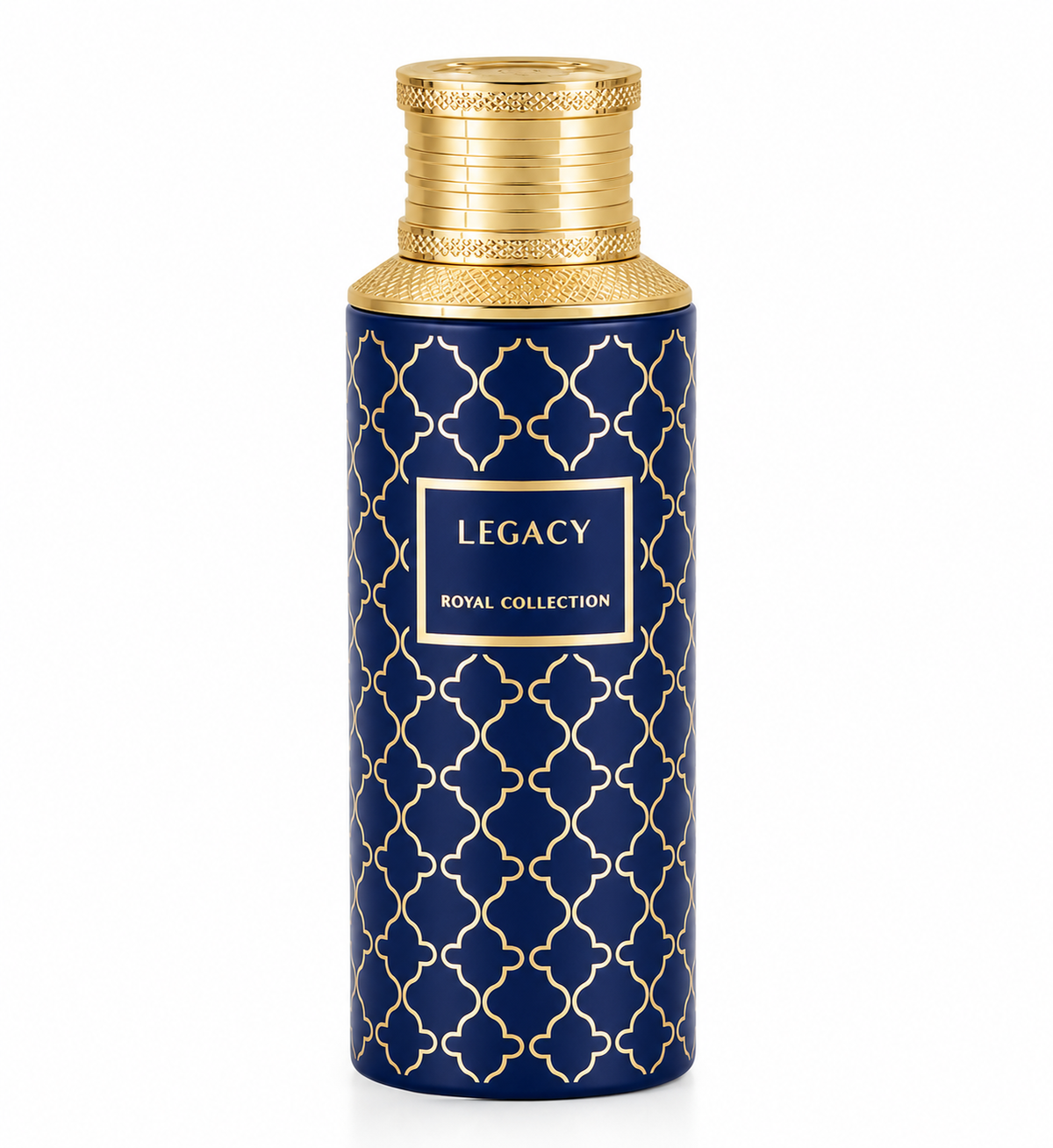 Maison Asrar Legacy Royal Collection 100ml Eau de Parfum featuring an elegant deep navy blue cylindrical bottle with intricate gold geometric patterns, a luxurious textured gold cap and a central Legacy label. Premium Arabian perfume photographed against a pure white background.