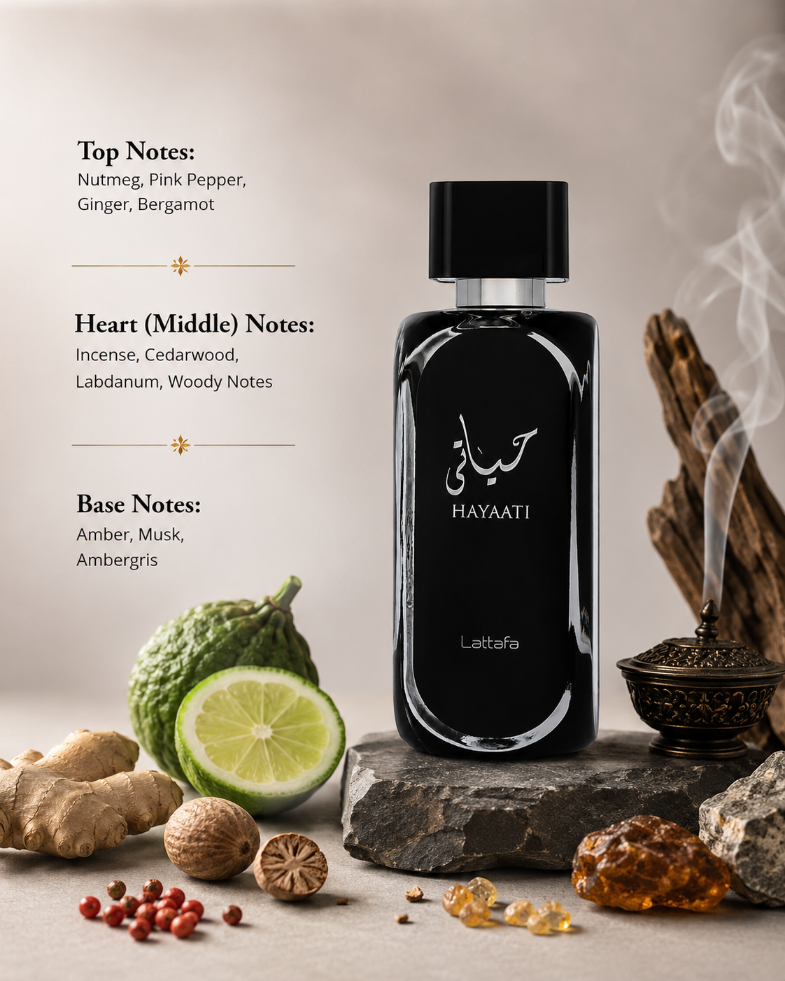 Lattafa Hayaati Eau de Parfum showcased in an elegant luxury fragrance composition featuring nutmeg, pink pepper, ginger, bergamot, incense, cedarwood, labdanum, woody notes, amber, musk, and ambergris-inspired elements. The sleek black bottle is presented in a refined setting that highlights its spicy, woody, smoky, and warm amber character.