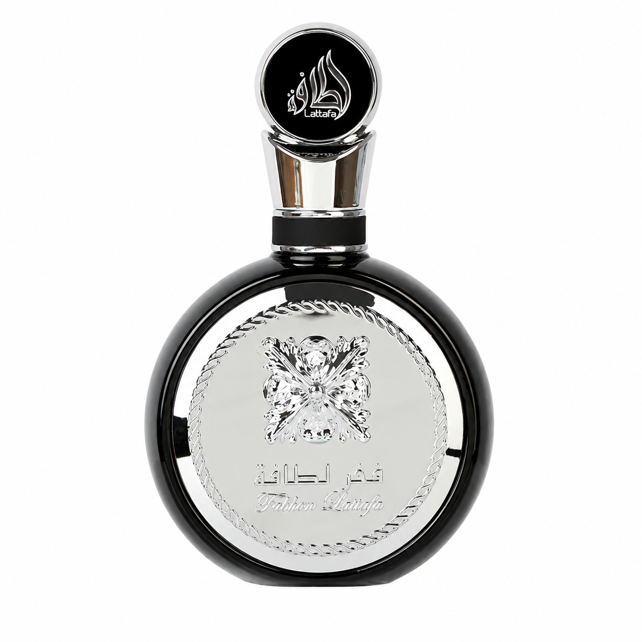 Lattafa Fakhar Eau de Parfum in an elegant black and silver bottle with a reflective metallic front and ornate embossed detailing, presented on a clean white background. A sophisticated luxury fragrance showcased in a premium high-resolution studio product image.