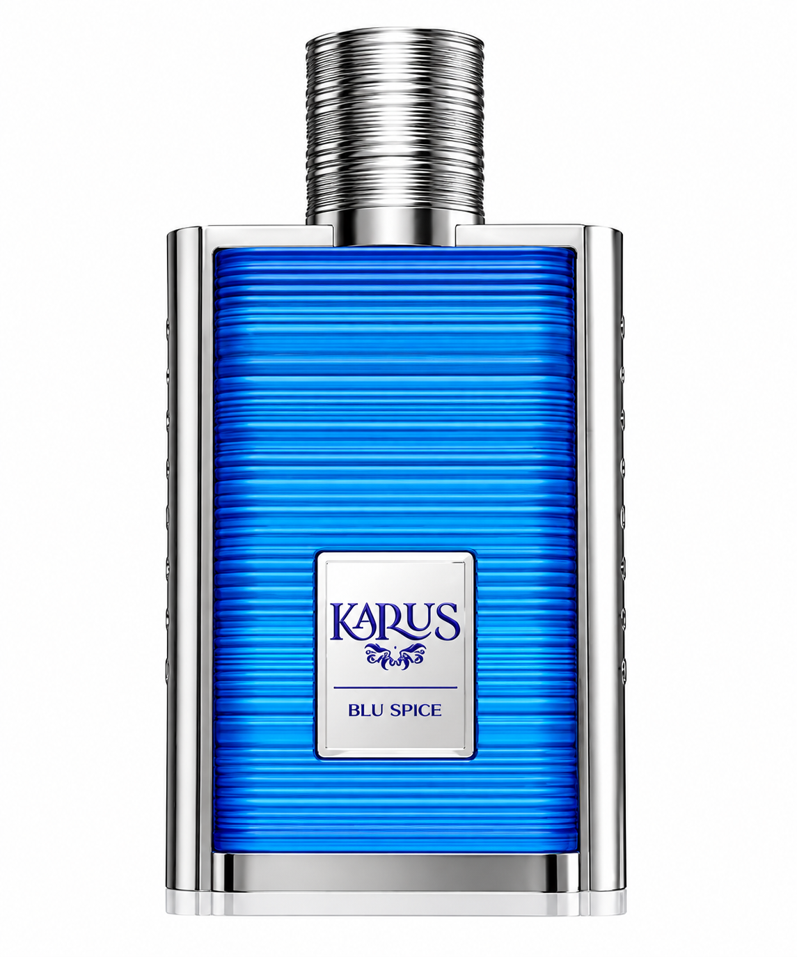 Khadlaj Karus Blu Spice perfume bottle featuring a vivid electric-blue ribbed design framed with polished silver detailing, a metallic cylindrical cap and a refined silver front plaque, photographed against a clean white background.