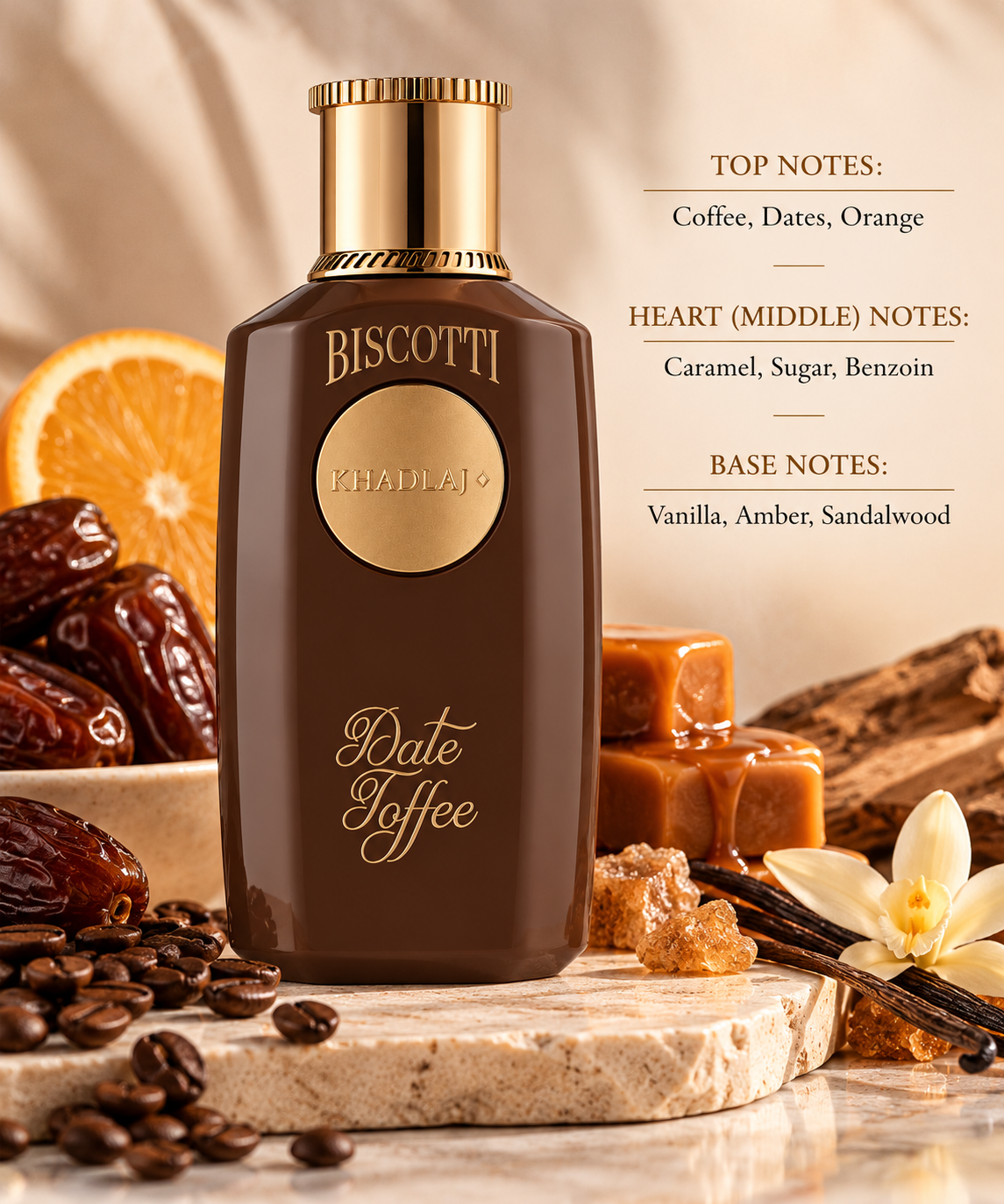 Khadlaj Biscotti Date Toffee styled in a luxurious gourmand setting with coffee beans, dates, orange, caramel, vanilla and warm woody elements, highlighting its rich, sweet, creamy and comforting character.