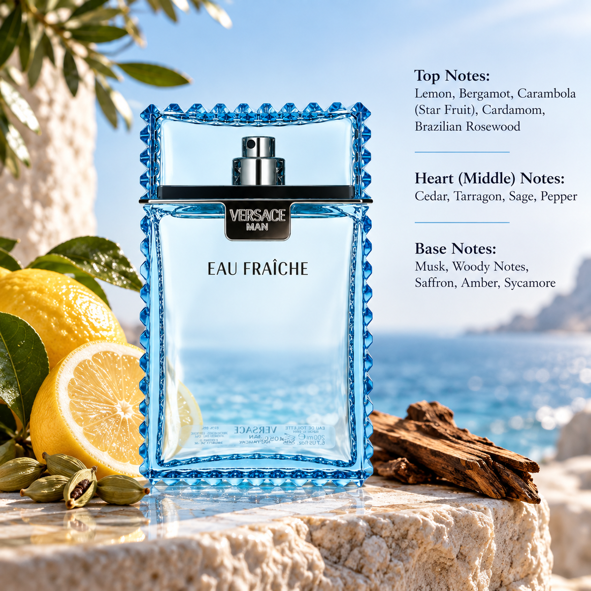Versace Man Eau Fraîche 200ml Eau de Toilette for Men presented in a fresh Mediterranean-inspired setting reflecting its vibrant citrus, aromatic and woody character, featuring lemon, bergamot, carambola, cardamom and Brazilian rosewood, a heart of cedar, tarragon, sage and pepper, and a refined base of musk, woody notes, saffron, amber and sycamore.